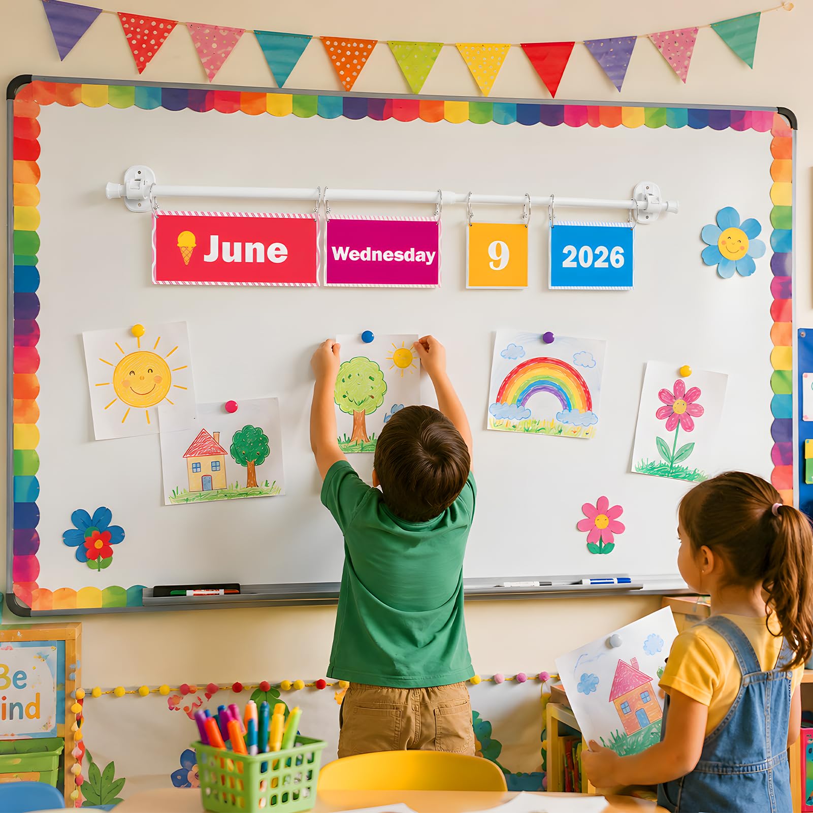 Magnetischer Stab Flip-Kalender für Klassenzimmer, bunte Kalender, Datumskarten mit verstellbarem Stab, Klassenzimmer Flip-Kalender, Pinnwand-Set für Whiteboard und Schulanfang