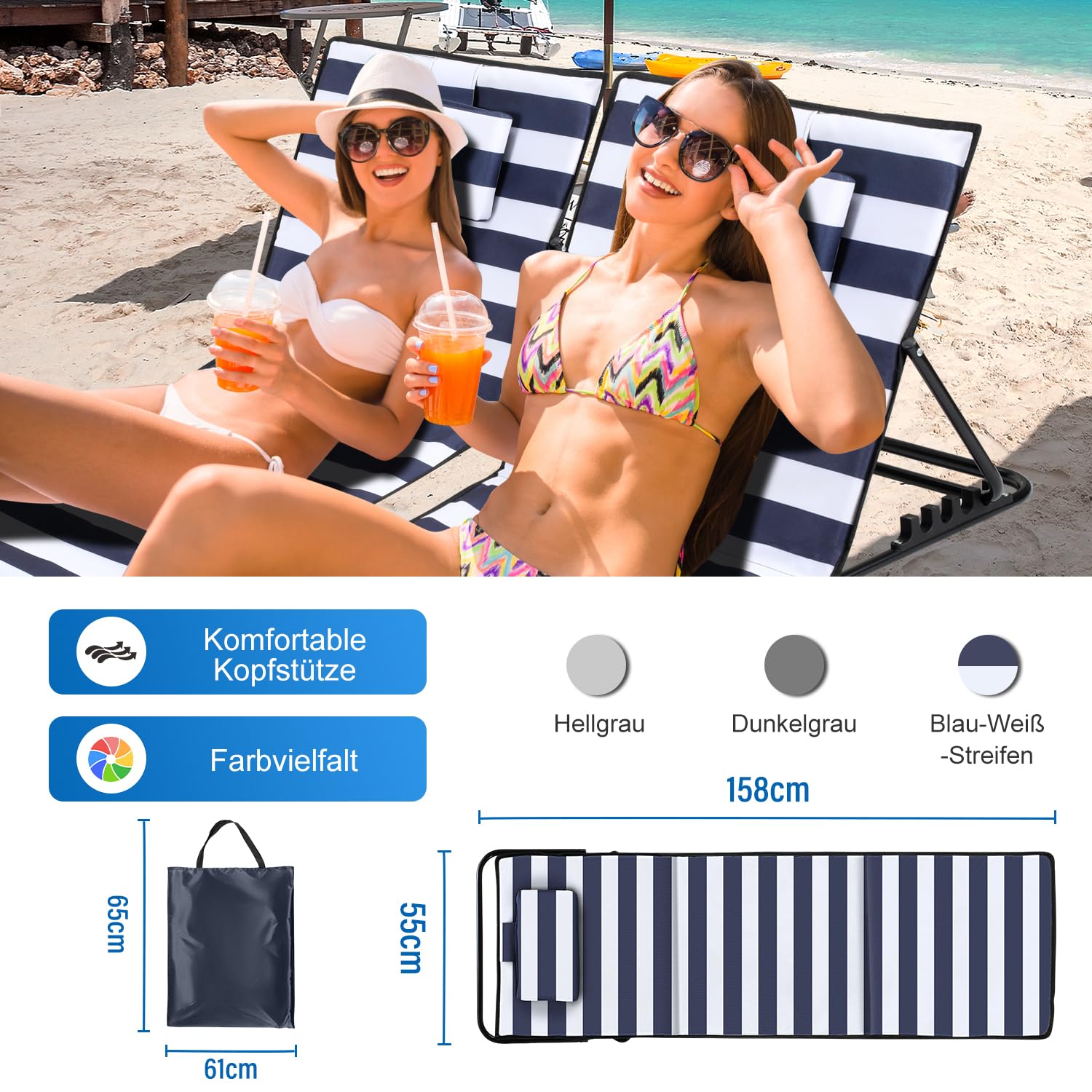 Colchoneta de playa plegable, acolchada, tumbona de playa con bolso, compartimentos de almacenamiento, cojín integrado con ajuste de 5 velocidades, tejido resistente al desgaste (158 cm,