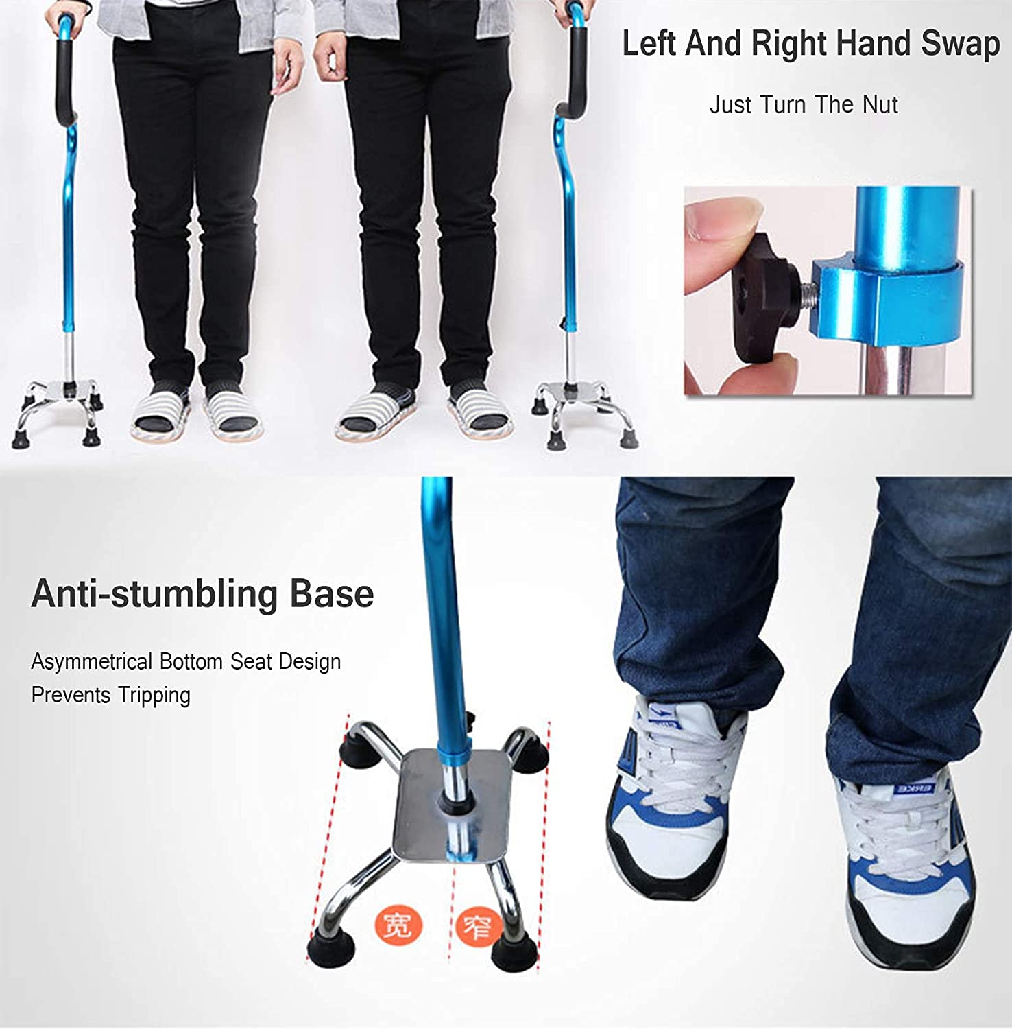 Stampelle Telescopiche Antiscivolo Quad Bastone, Bastone da Passeggio Regolabile con Base a 4 Punte per Anziani e Handicap, Funziona per Uomini o Donne Destrimani o Mancini, Blu per Artrite, Anziani