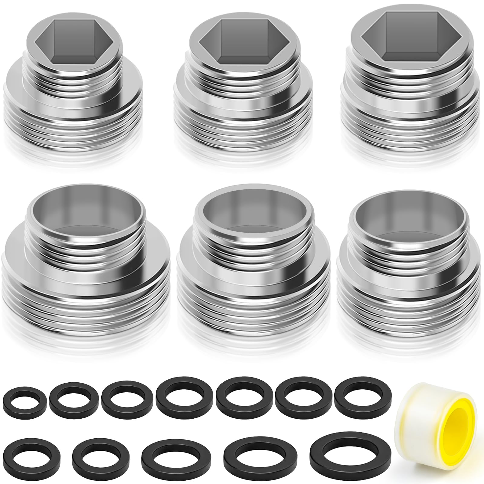 NISENTIA 6Pcs Faucet Adapter Kit, M22 Tap Adapter (15mm-27mm) with 12Pcs Spacers and Sealing Tape, Kitchen Sink Faucet Aerator Set for Male Female, Sink Faucet for Connecting Garden Hose Water Filters