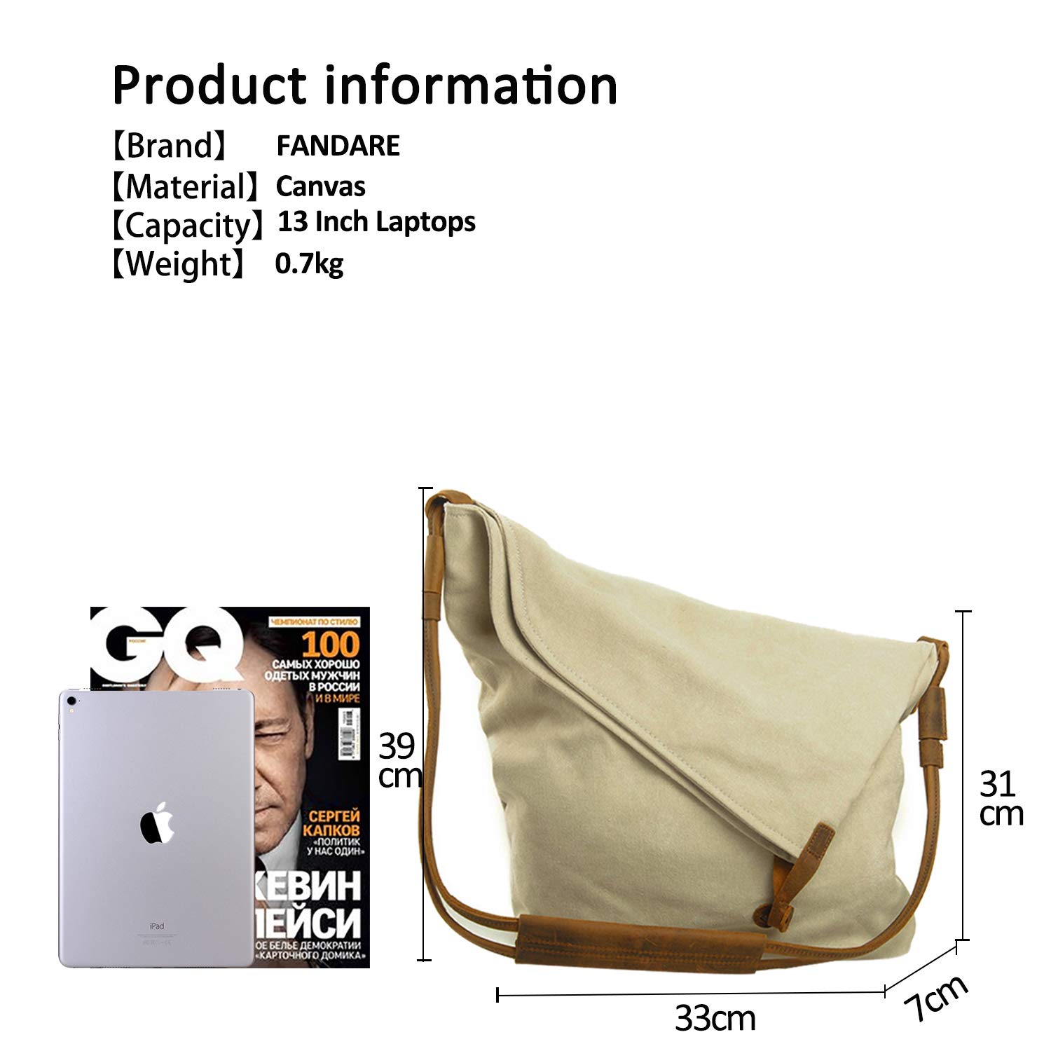 FANDARE Retro Borsa a tracolla Uomo/Donna 13 inch Laptop Business Commuter Crossbody Bag Outdoor Travel Camping Grande Capacit脿 Messenger Bag Traspirante Tela