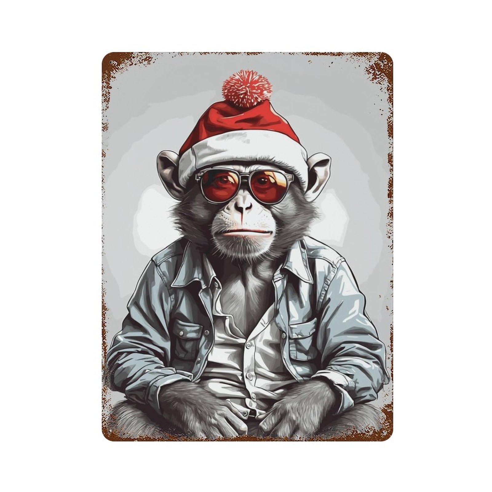 Monkey Christmas Distressed Metal Wall Sign 15.7"x11.8", for Farmhouse, Kitchen And Entryway Decor, Rustic Home Decor