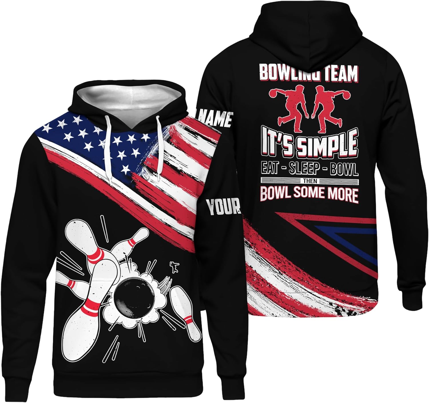Men's Bowling Novelty Hoodie Custom USA Bowling Team Shirt For Billiard Team 3D Bowling Eat Sleep Bowl Clothing