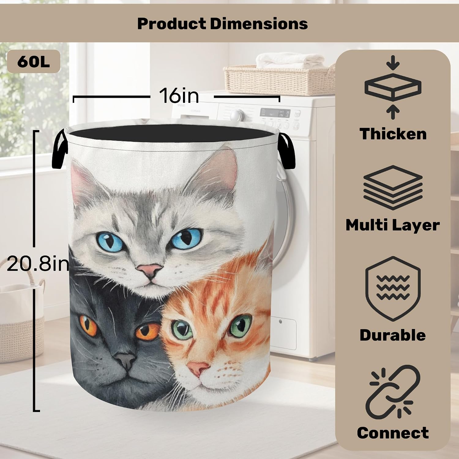 Cat Laundry Basket - Laundry Basket with Handles, Dirty Clothes Storage Basket for Women Girls, Cloth Storage Basket for Bedroom, Bathroom image 2