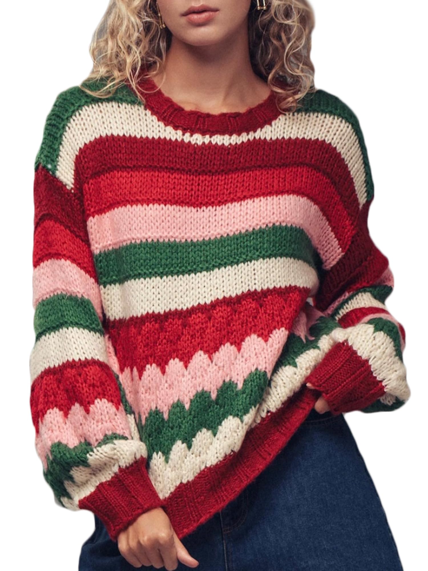 Womens Color Block Cropped Striped Sweater Long Sleeve Crew Neck Crochet Knit Pullover Tops Vintage Crop Jumpers