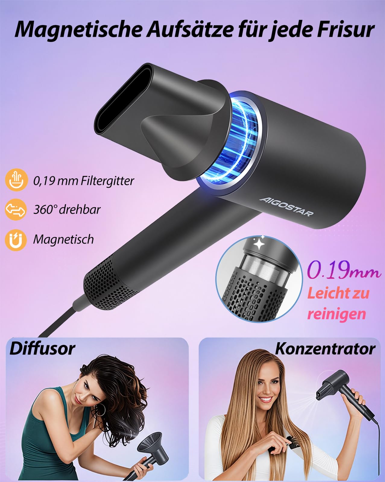 Aigostar Ionen Haartrockner mit Diffusor, BLDC Motor 110000 U/min