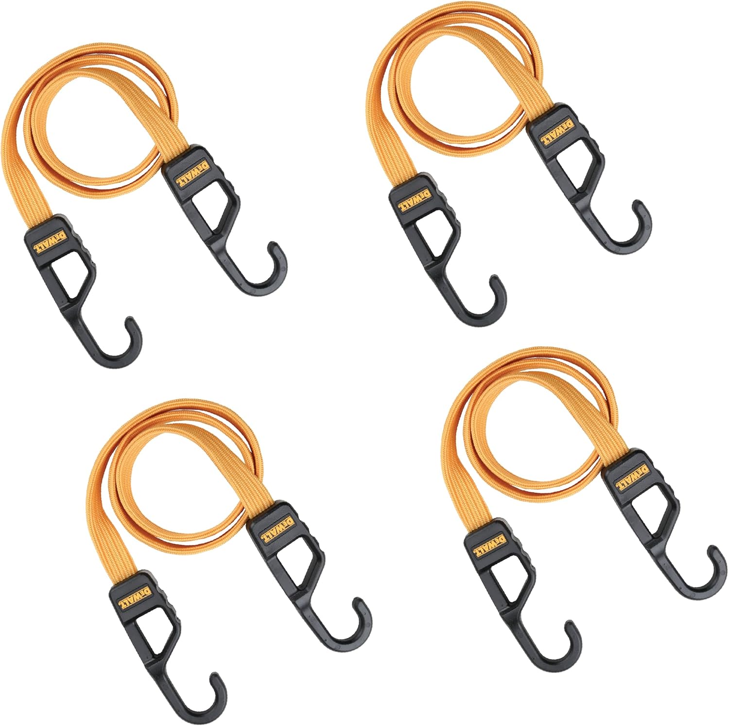 DEWALT 36" Premium Flat Bungee Straps, Interlocking Quick-Pull Notch, 4-PK | Non‑Scratch Steel‑Core Hooks with Quick‑Pull Notch & Interlocking Grip for Stretching & Securing Lightweight Gear & Cargo