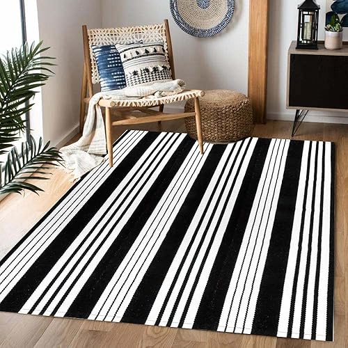 Miniatura 4 de HOXCIK Alfombra de patio al aire libre en blanco y negro de 4 x 6 pies, tejida a mano, reversible, a rayas, lavable, para interiores y exteriores,