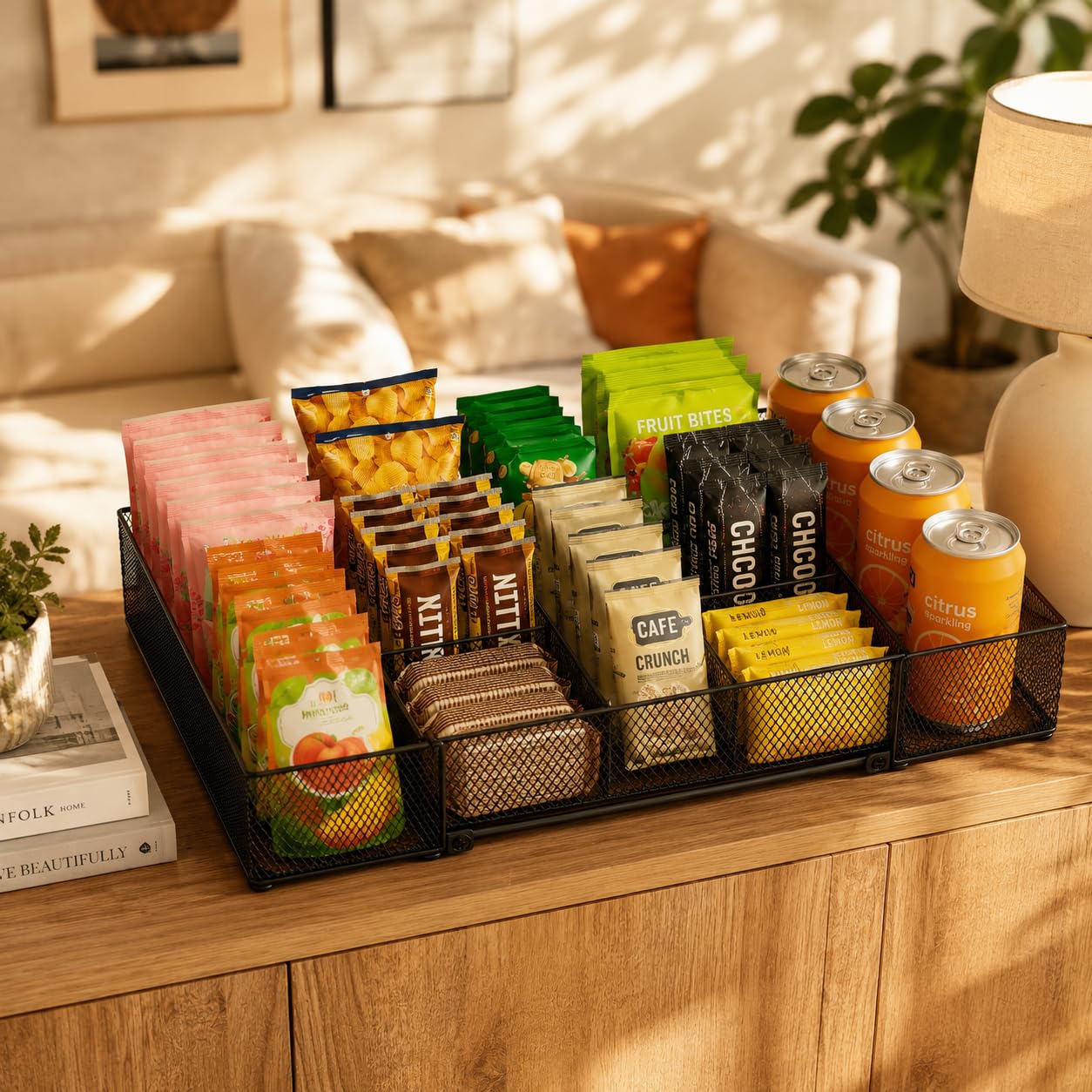 Organizador de aperitivos expandible, contenedor de aperitivos ajustable con 9 compartimentos, encimera de cocina y bandeja de almacenamiento de despensa para bolsas de té, cápsulas de