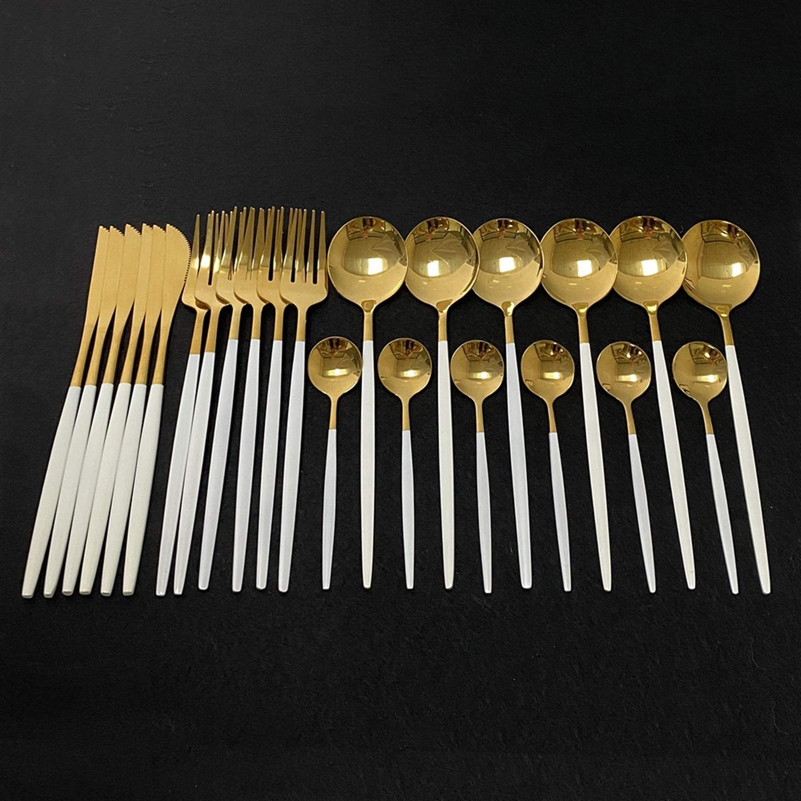 24 unids Gold White Shiny Weaverware Set Cuchillo de acero inoxidable Cuchilla Cuchara Cubiertos Conjunto Cocina Cubiertos Vajilla Conjunto (Color : Green Gold)