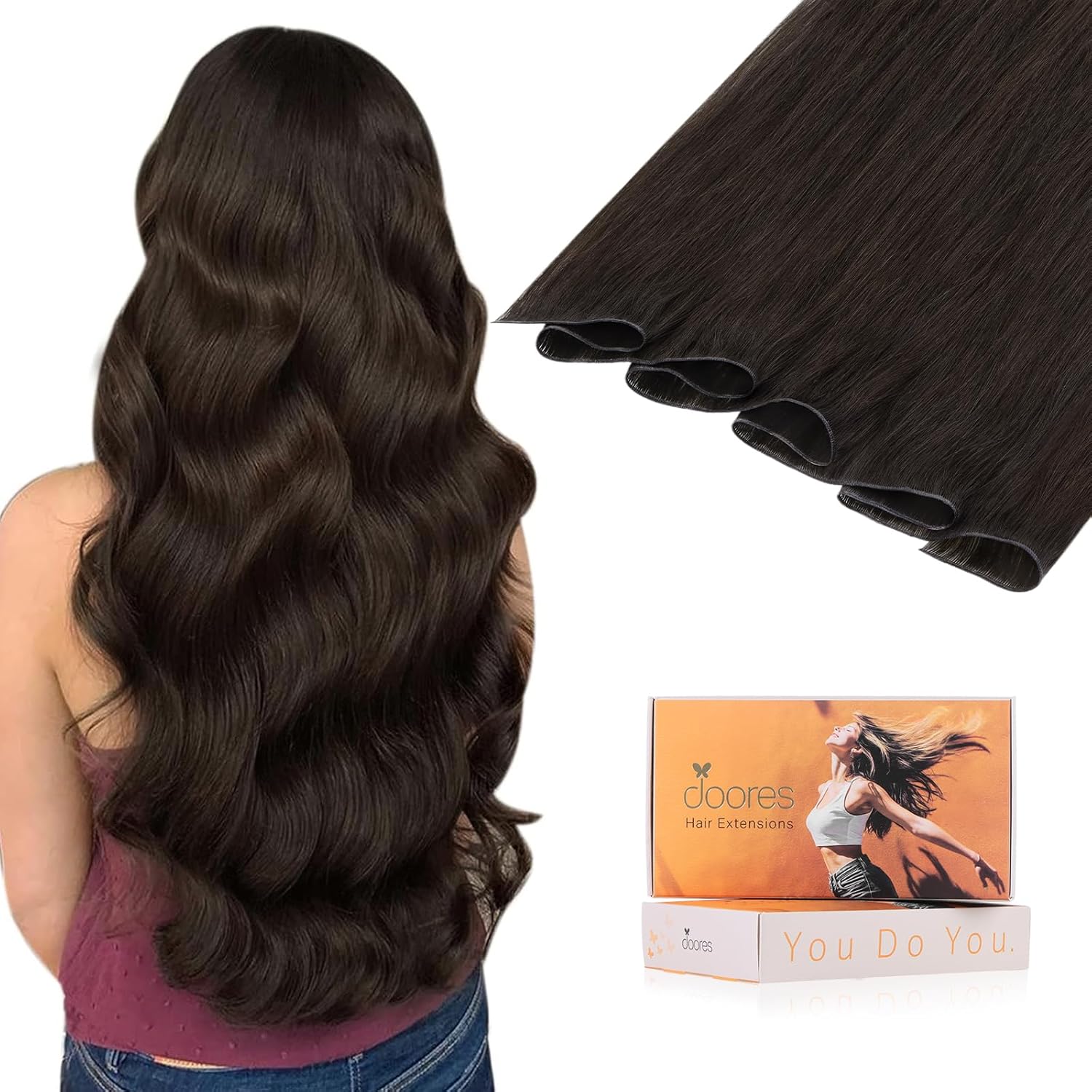 DOORES Hair Extensions Sew in Human Hair extension, 24 Inch Light Dark Brown 120g, Hand Tied Human Hair Extensions Virgin Human Hair High Density