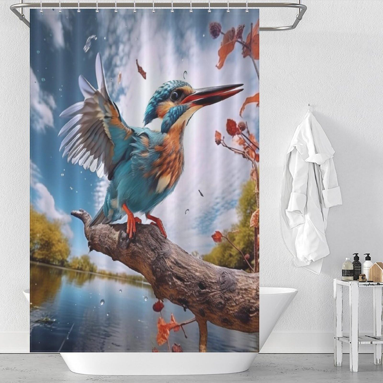 Rideau de douche oiseau pour stopper les éclaboussures en tissu lavable