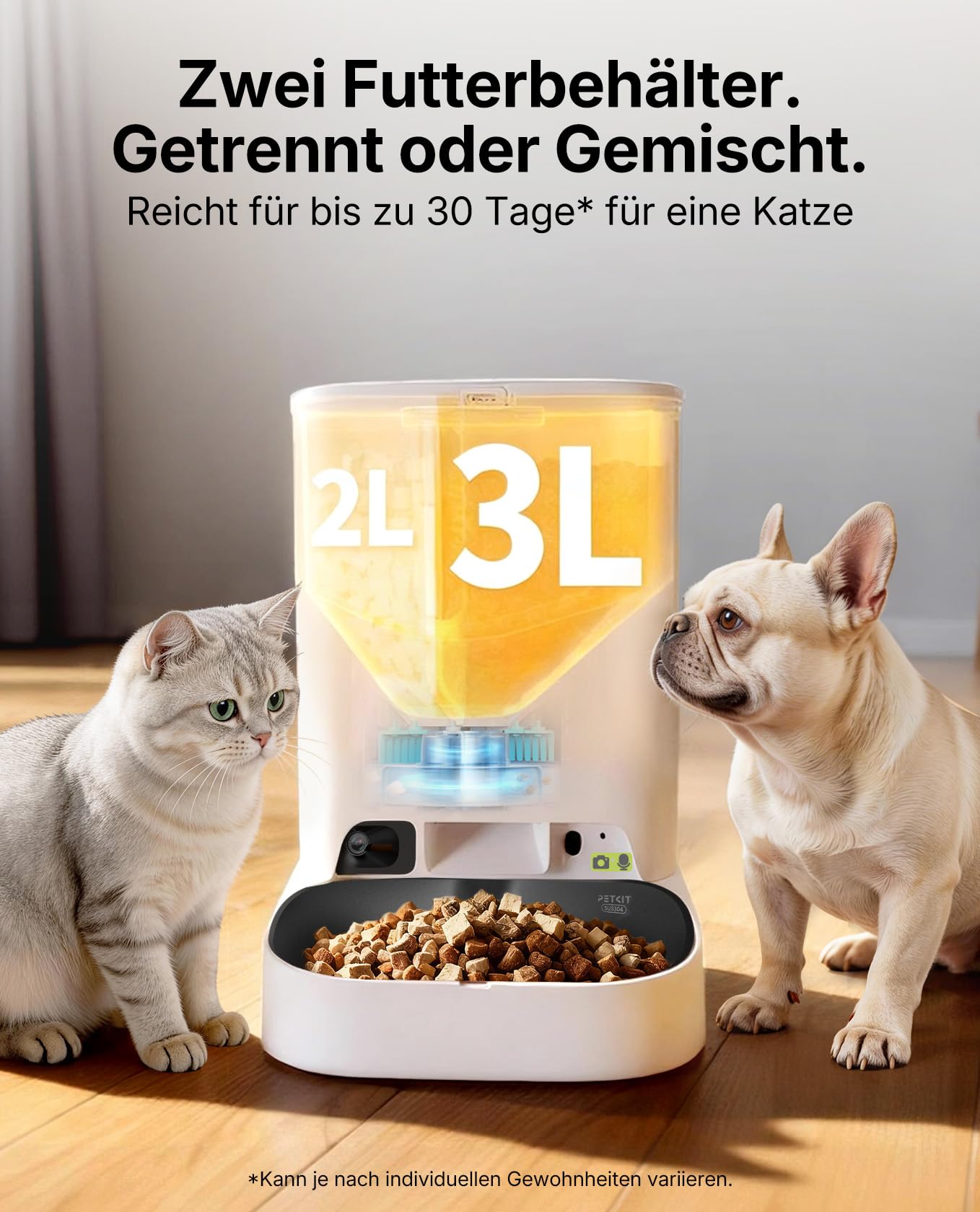 PETKIT YumShare Dual-Hopper 2 Futterautomat Katze 2 Näpfe Mit Kamera, Gesichtserkennung für Mehrere Katzen,5L Katzen Futterautomaten,Automatischer Futterspender für Hund,KI Funktion,2.4 & 5G Wi-Fi