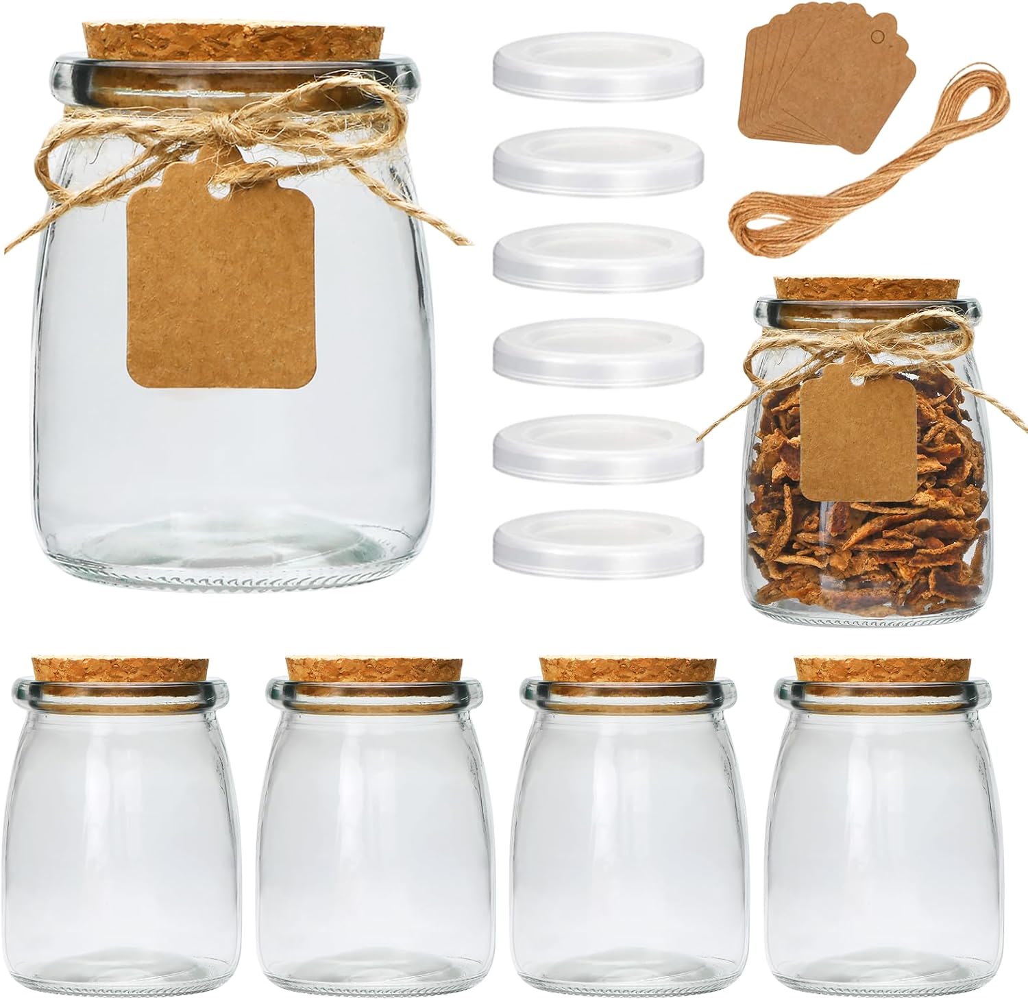 Brajttt Glass Mini Yogurt Jars 40 Pack, 7 oz Favor Jars With Cork Lids, Pudding Containers, Mason Wedding Favors Honey Pot With Label Tags and String
