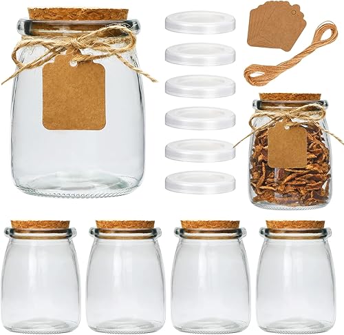 Brajttt Paquete de 6 tarros de yogur mini, tarros de vidrio de 7 onzas con tapas de corcho, recipientes de pudín con tapas, tarros de mason para