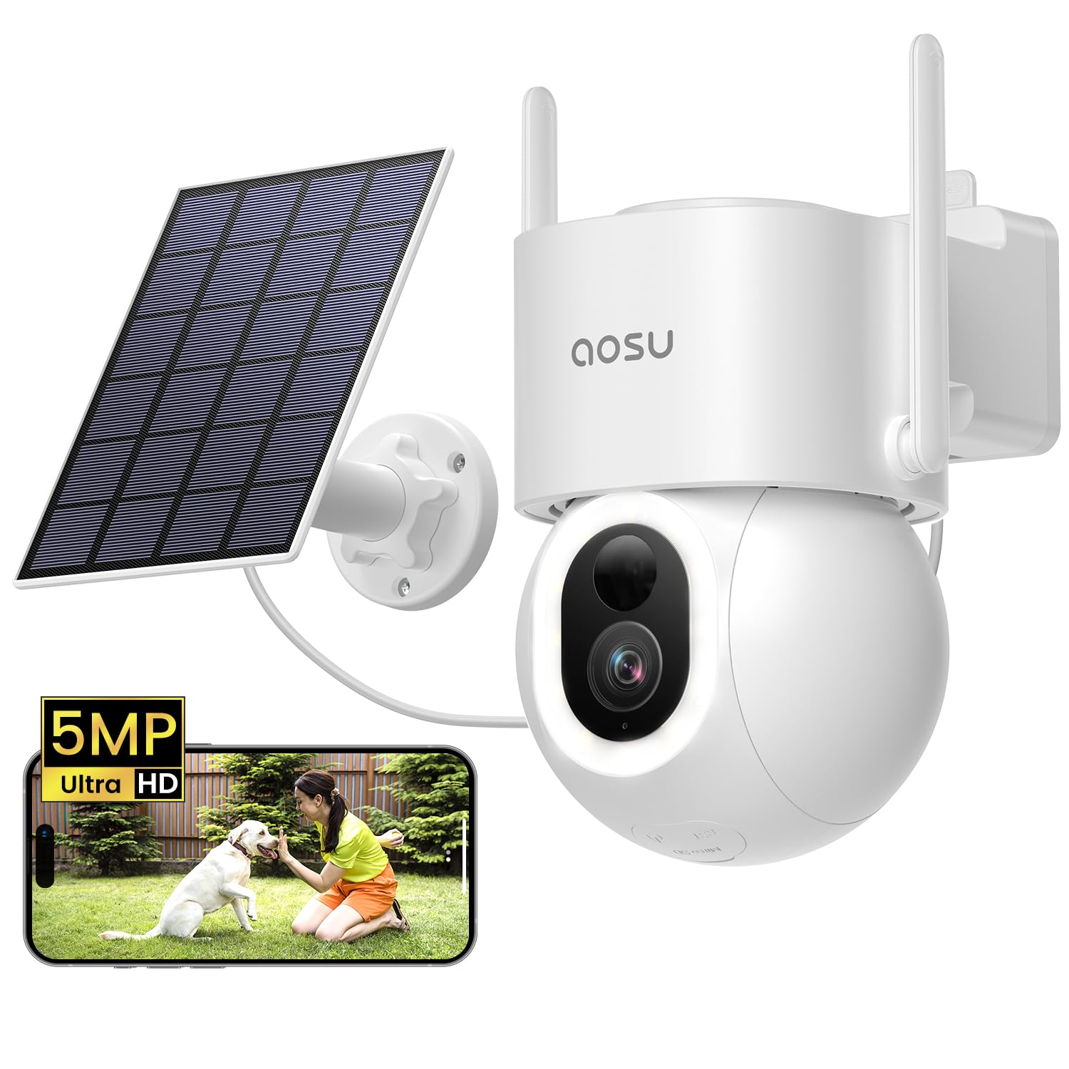 AOSU 3K Cámara Vigilancia Exterior WiFi Inalámbrico, Panel Solar de Alta Capacidad, 5MP Detección AI de Personas, Mascotas, Vehículos, Visión Nocturna en Color, Luz y Alarma, 360° PTZ con 400lm Foco