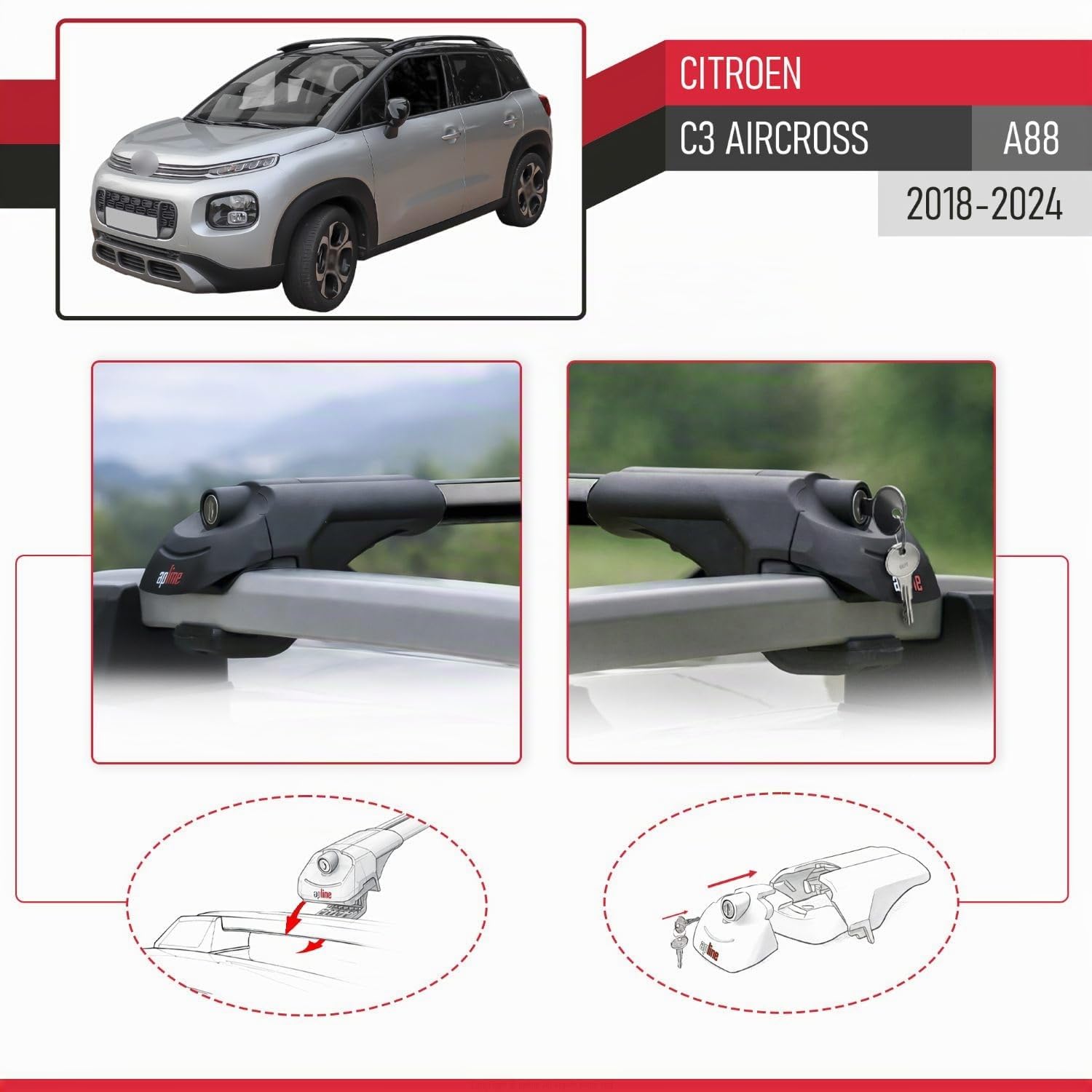 Compatibile con Citroen C3 Aircross (A88) 2018-2024 Modello ACE-1 Barre Tetto Portapacchi Auto Barre Portatutto Nero Alluminio 2 Barre