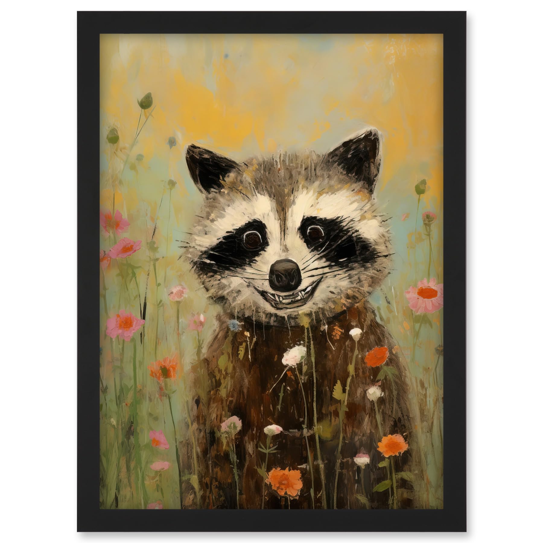 Artery8 Gleeful Raccoon Picking Flowers Oil Painting Red White Blooms Spring Meadow Landscape Kids Bedroom Artwork Framed A3 Wall Art Print