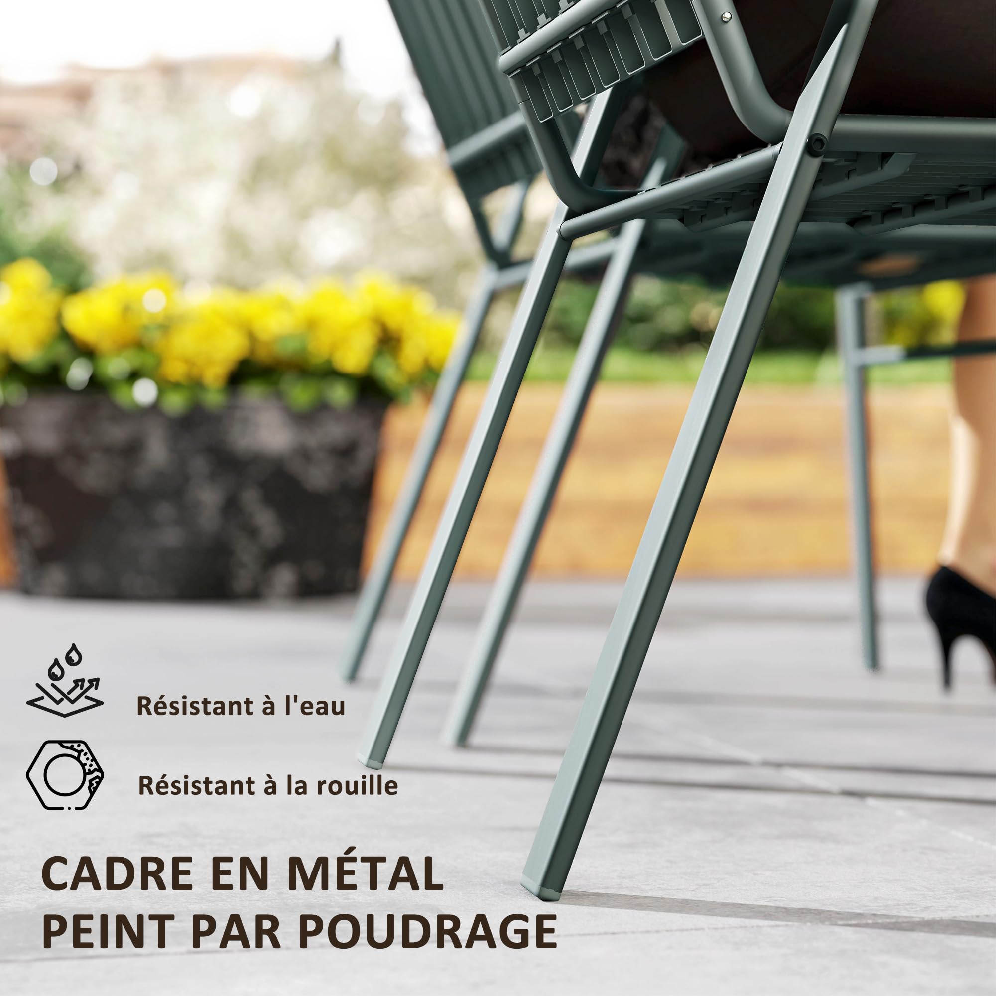 Outsunny Lot de 4 chaises de Jardin chaises empilables d'extérieur avec Haut Dossier et accoudoirs, Cadre en Acier pour Jardin, Piscine, terrasse, Gris