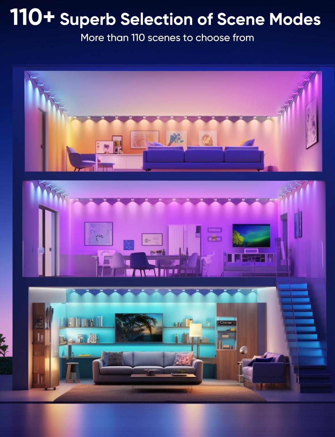 Smart RGB String Downlights, 30ft with 30 LED Smart LED String Lights Works with Alexa/Google, 111 Scene Modes, Color Changing Indoor Wall Light Fixture for Party, Children's room, Music Sync, White