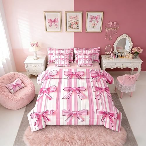 Erosebridal Pink Princess Bowknot 7 Piece Bedding Set Full Size Ribbon Bows Bed 