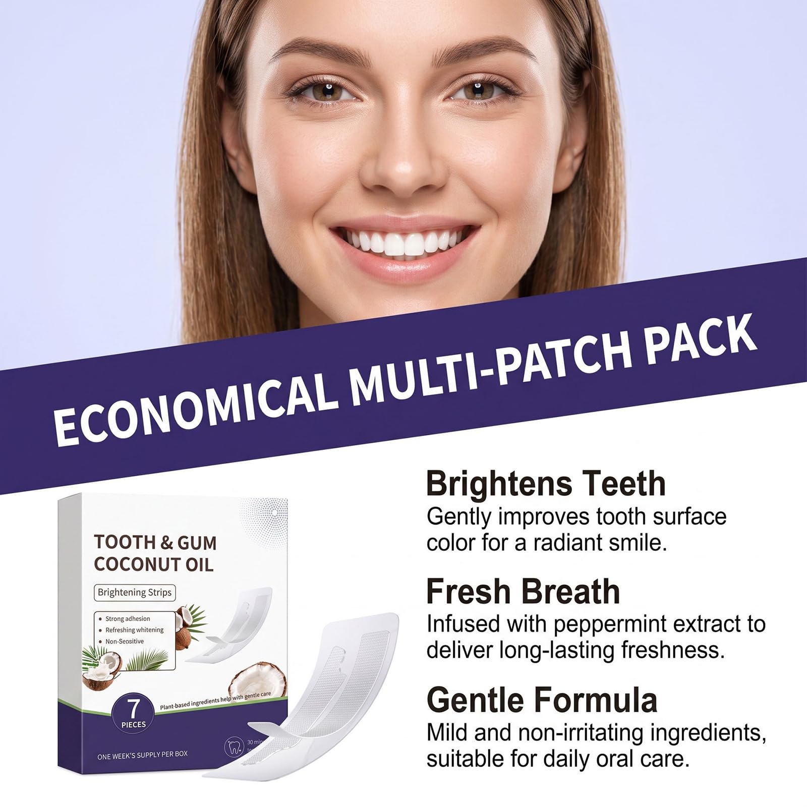 Strisce sbiancanti per denti all'olio di cocco con menta piperita, formula delicata sensibile per la rimozione delle macchie, sbiancante per macchie di fumo di caffè, tè e vino, strisce (10pcs)