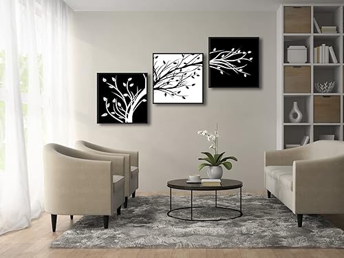 Miniatura 10 de Wieco Art Hojas modernas de 3 paneles de flores ilustraciones de Giclée impresiones en lienzo abstractas en blanco y negro árboles florales pinturas