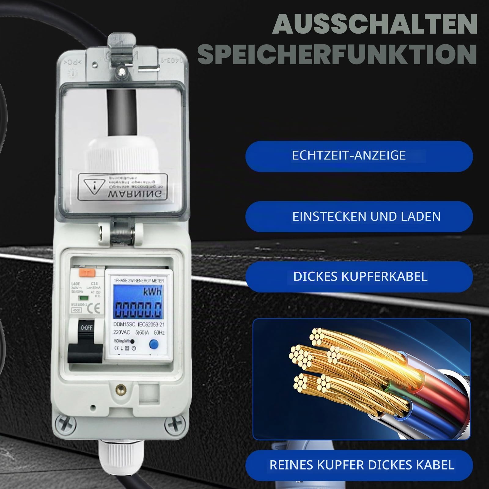 GAOUTO 230V 16A Mobiler Digitaler Stromzähler, Mobiler Digitaler Stromzähler Strommessgerät Steckdose mit FI Schutzschalter, Stromverbrauchsmesser, Zwischenzähler Strom mit IP67 Stromzählergehäuse