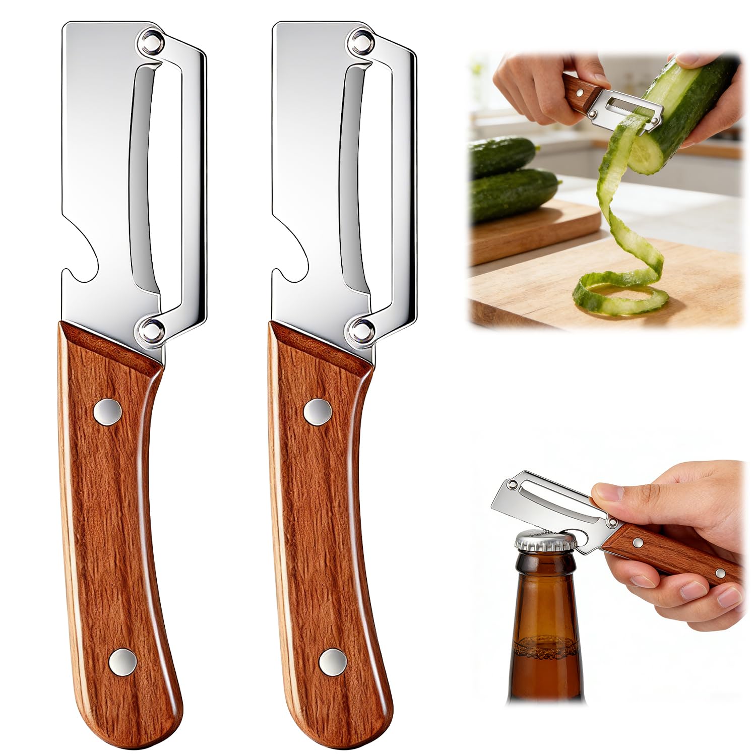Photo 1 of 2 Pcs Multi-Functional Vegetable Peeler for Kitchen, Premium Vegetable Peeler with Wooden Handle and Bottle Opener, Stainless Steel Blade Kitchen Tool for Fruit Apple Potato Pumpkin Papaya Carrot
