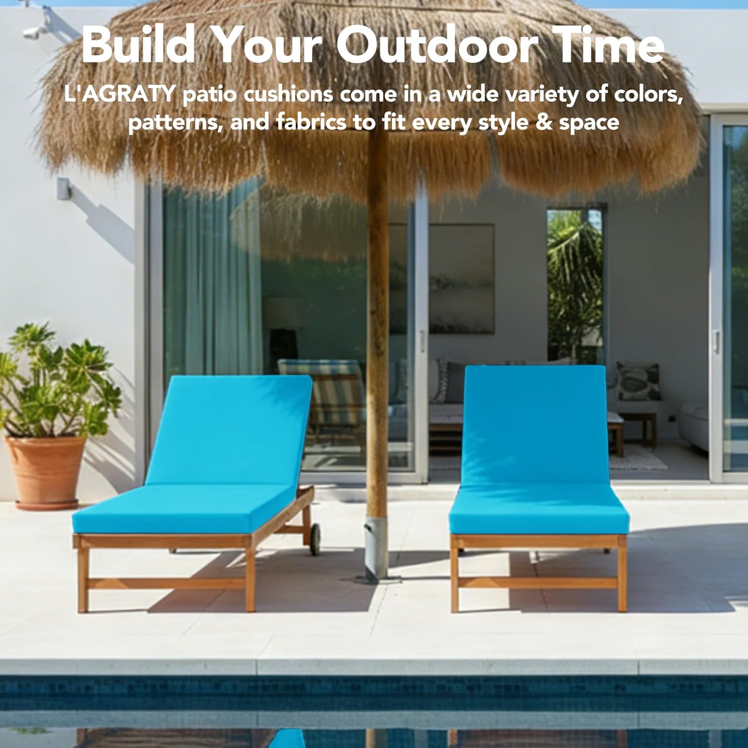 L'AGRATY Outdoor Lounge Chaise Cushion: 72x21x3 Inch Waterproof Lounge Chair Cushion for Outdoor Furniture with Fade Resistant Removable Cover - Patio Lounge Cushions for Pool Lawn Deck(Blue 2Pcs)