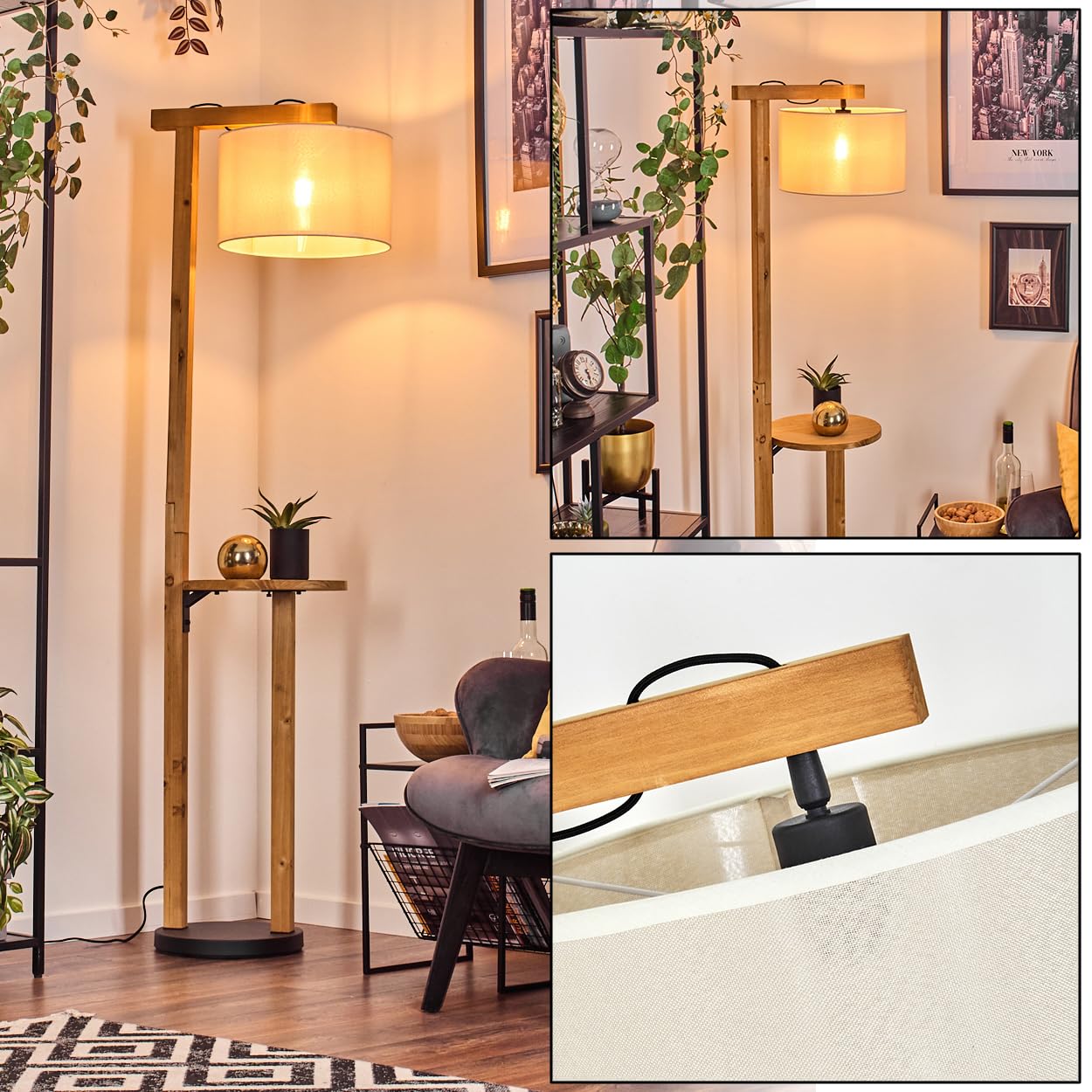 Hofstein Ecru, Black, Beige, White Bassagoda Floor Lamp, Wooden/Metal/Fabric Floor Lamp In Natural/Black/Beige/White, Scandinavian Design Lamp, Ø 50 Cm, Shelf And Foot Switch, Height 171.5 Cm, 1 X E27, Without Light Bulb