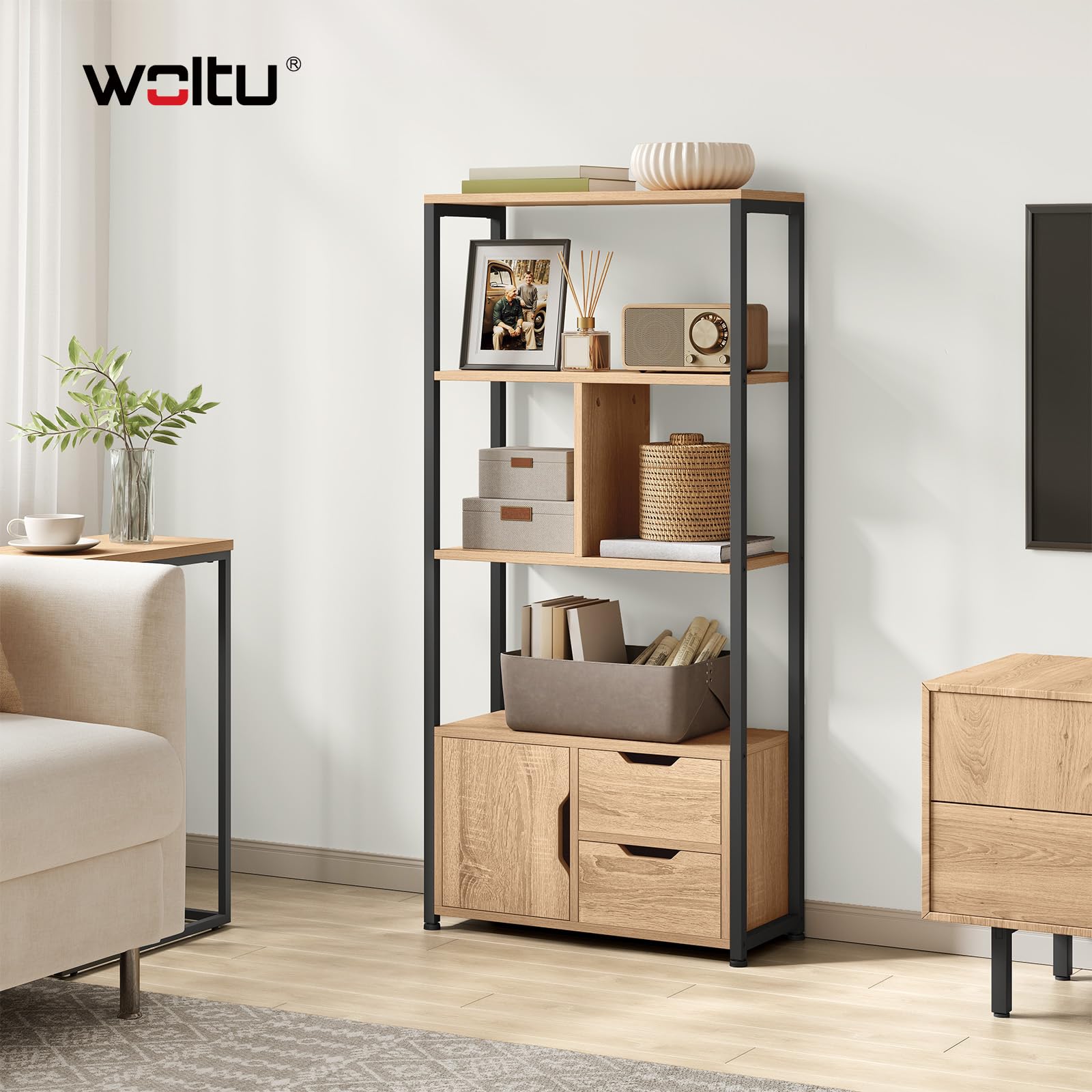 WOLTU Libreria Moderna Design, 58 x 24 x 122 cm, Scaffale per Libri CD | con Cassetti e Ante, in Legno e Metallo, Rovere Chiaro