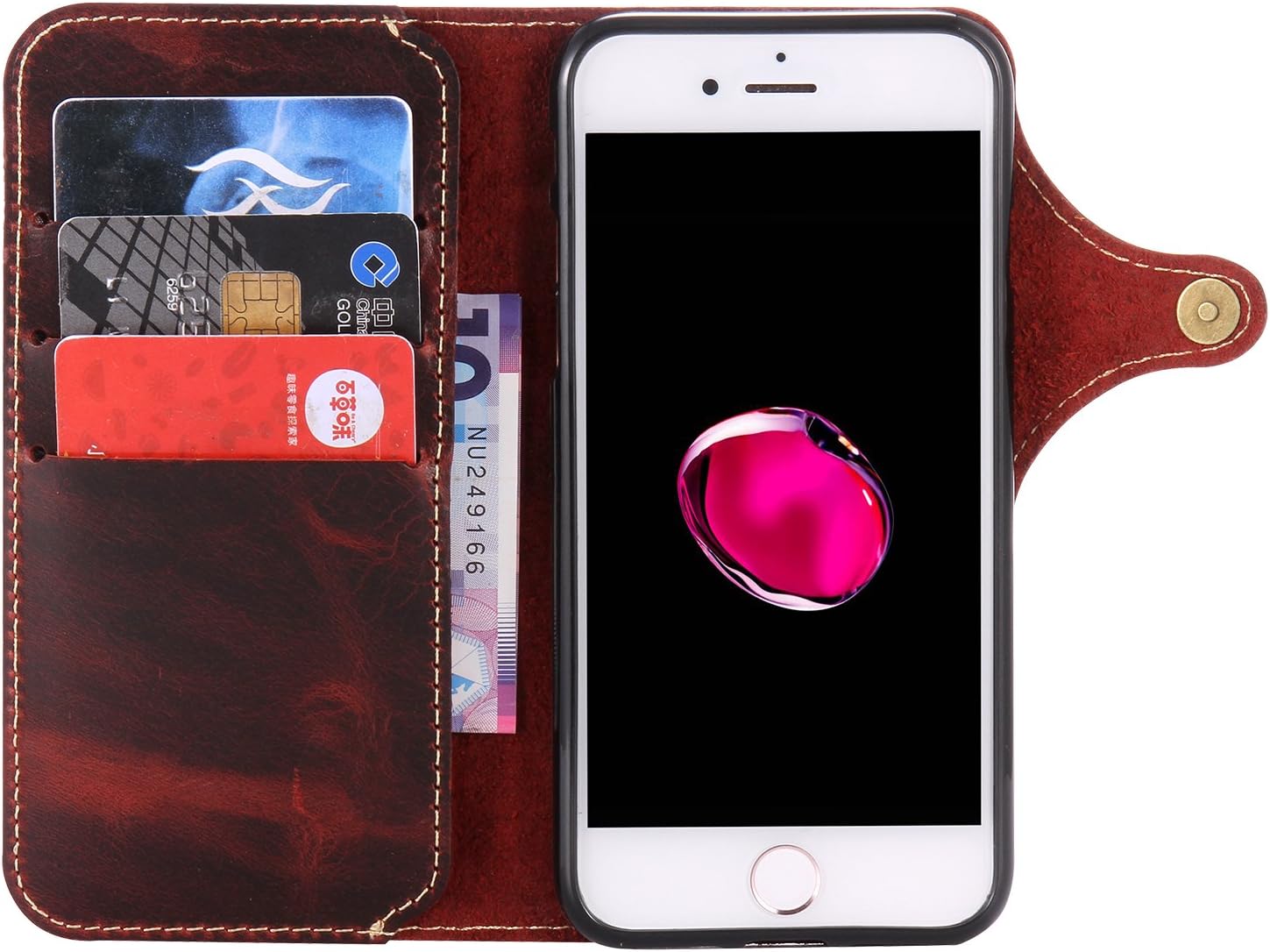 Genuine Leather Wallet Case for iPhone 8 Plus,Classic Oil Wax Pattern Real Leather Button Card Slot Flip Stand Case Cover with Lanyard Red