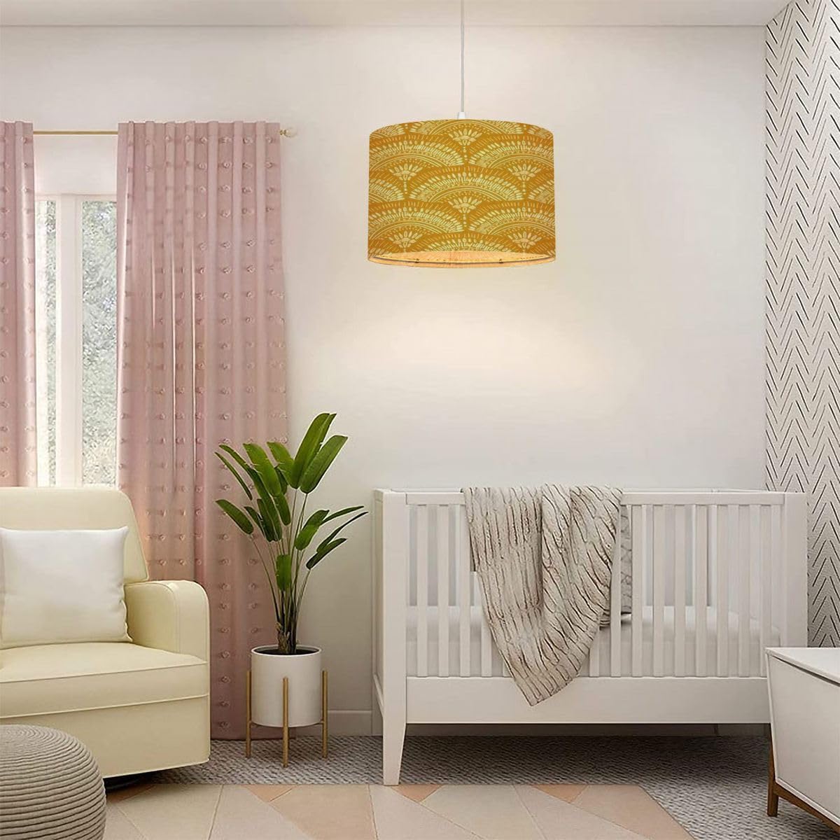 Bohemian Geometric Pendant Light For Kitchen Island – Plug-In With Remote, 5m Cord, Dimmable LED Bulb Included (White/Mustard Yellow Pattern)