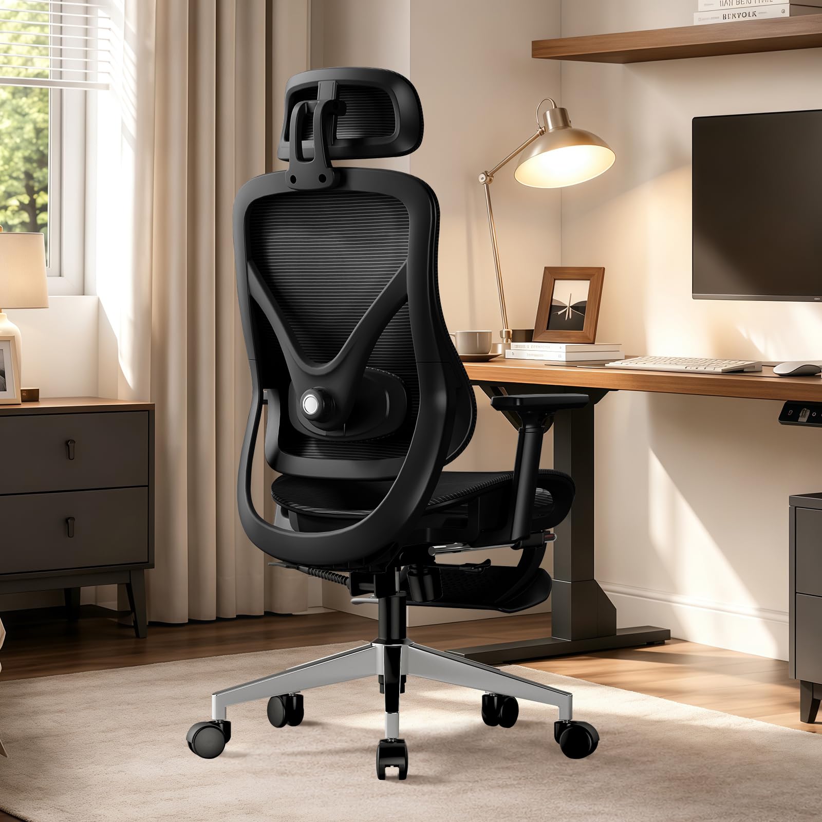 Ergonomischer Netz-Bürostuhl mit Verstellbarer Lendenstütze und Fußstütze, Schreibtischstuhl mit drehbaren Armlehnen und Kopfstütze, neigbarer Computerstuhl für Homeoffice und Gaming, Schwarz
