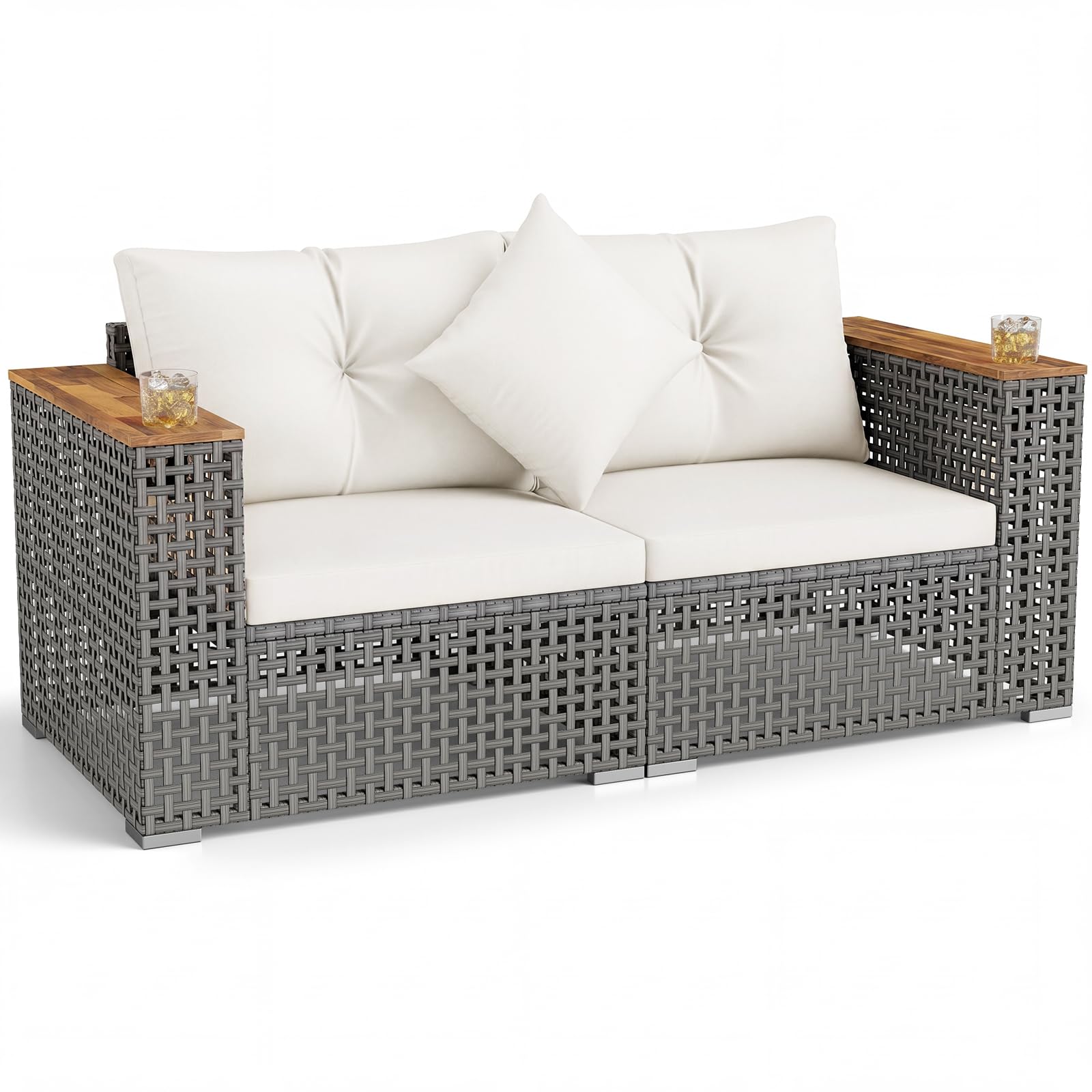 COSTWAY 2-Seater Rattan Garden Sofa, 158cm Patio Loveseat Bench Seating with Cushions, Acacia Wood Armrests & Cup Holders, 2-Piece All-Weather Wicker Weave Corner Outdoor Sofa Set for Balcony Porch