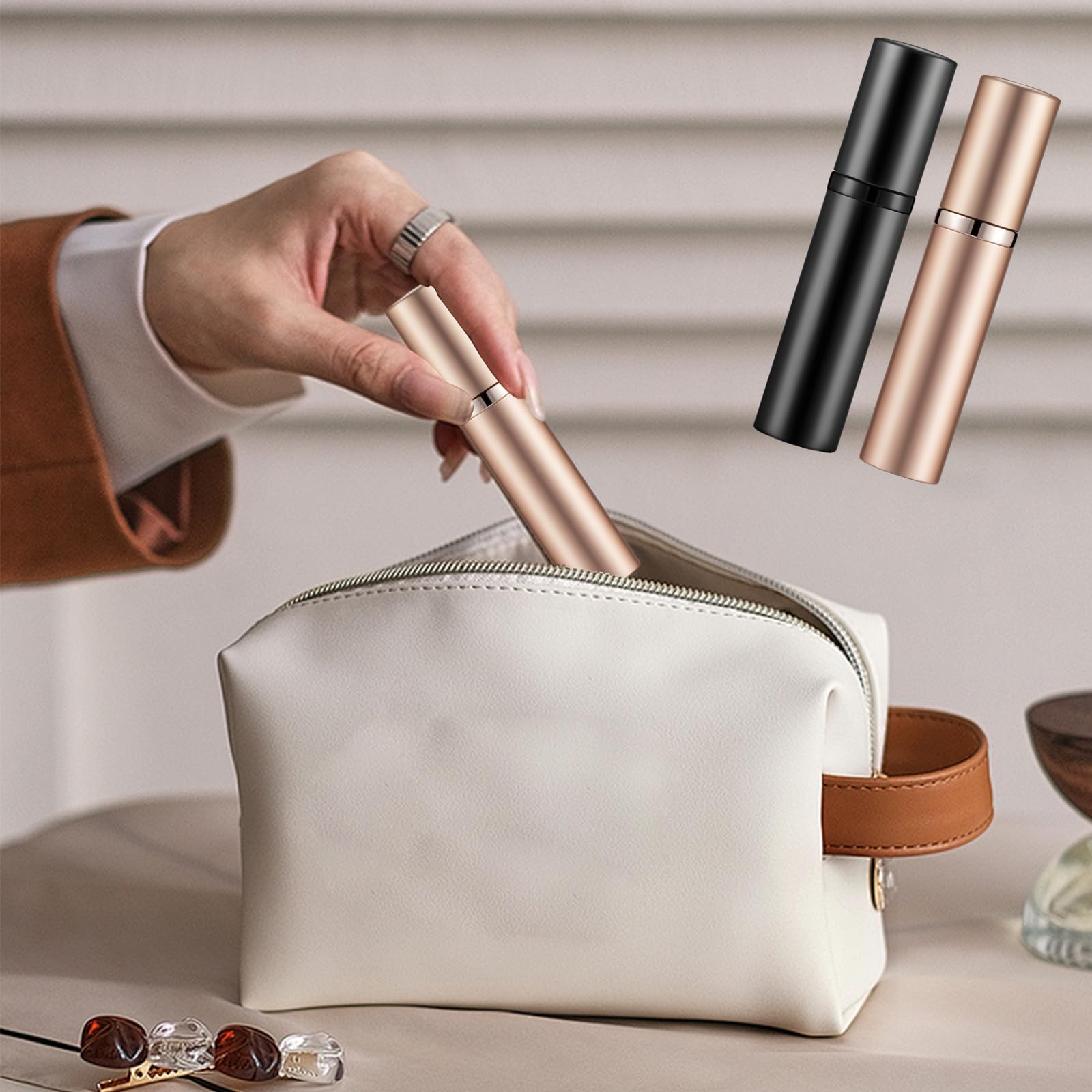 Atomizer perfum, 2 szt. Podróżny pojemnik na perfumy wielokrotnego napełniania parownik, perfumy rozpylacza do podróży, imprezy, codziennego życia (5 ml, czarny, różowe złoto)