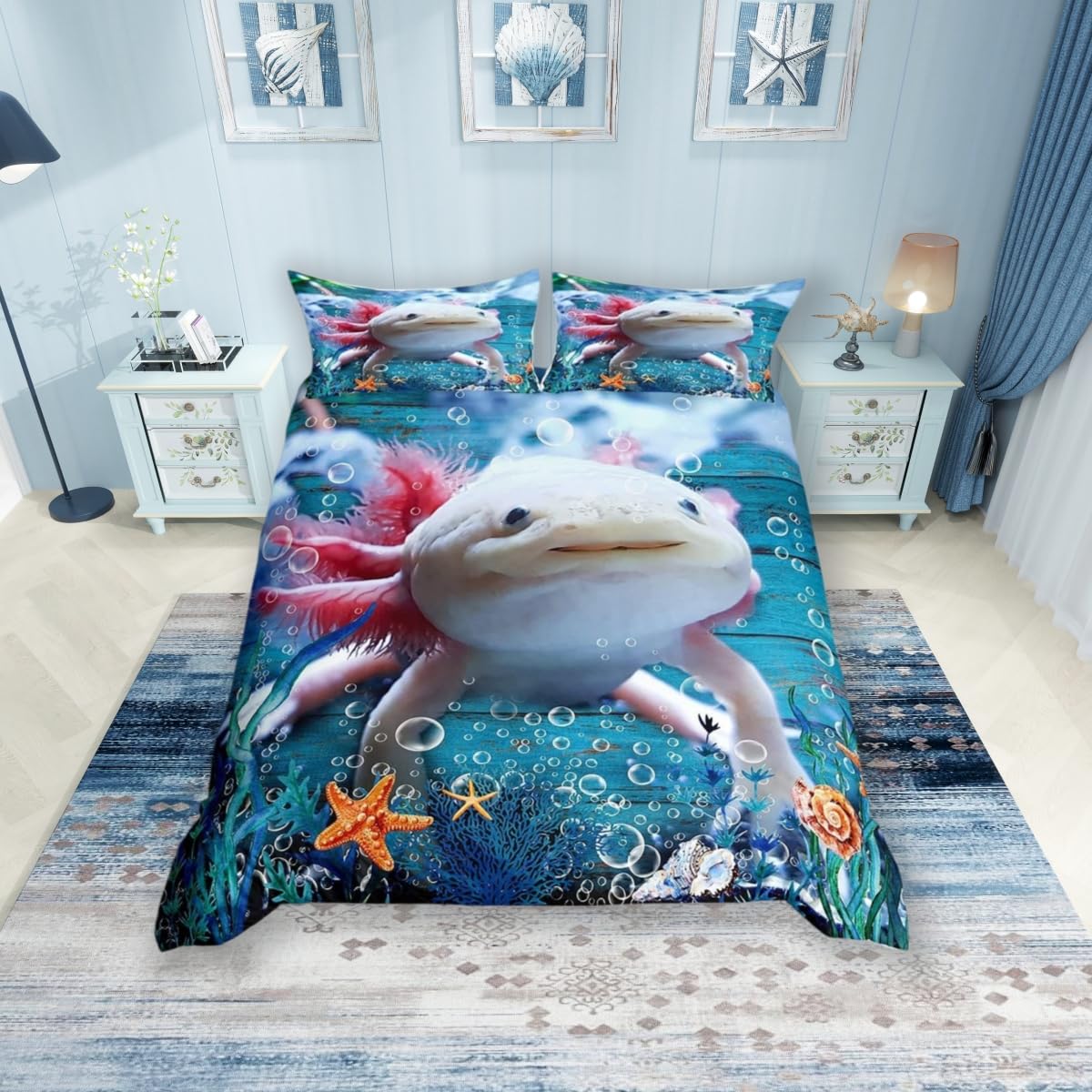 feelingyou Cute Axolotl Bedding Set Single Size,Seaweed Coral Conch Duvet Cover for Kids Boys Bed Comforter Set,Sea Creatures Theme Quilt Decorative 2 Pieces, (53''x79'')