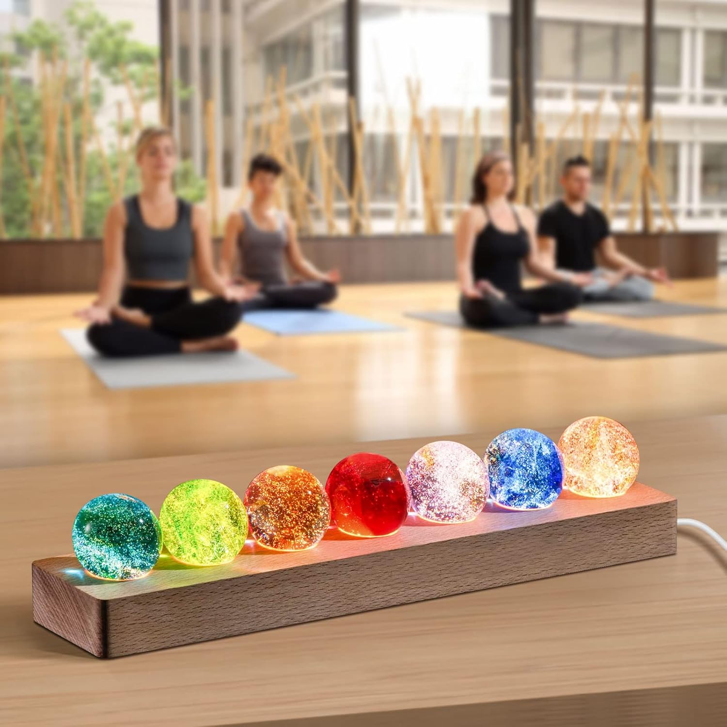 JOJOCY 7 Colors Glass Crystal Ball Light with Wood Base, 4cm/1.5in Glass Balls Colorful LED Lights Base Night Lamp Table Decorative USB Lights Positive Energy Space Meditation Lamp Great Gifts
