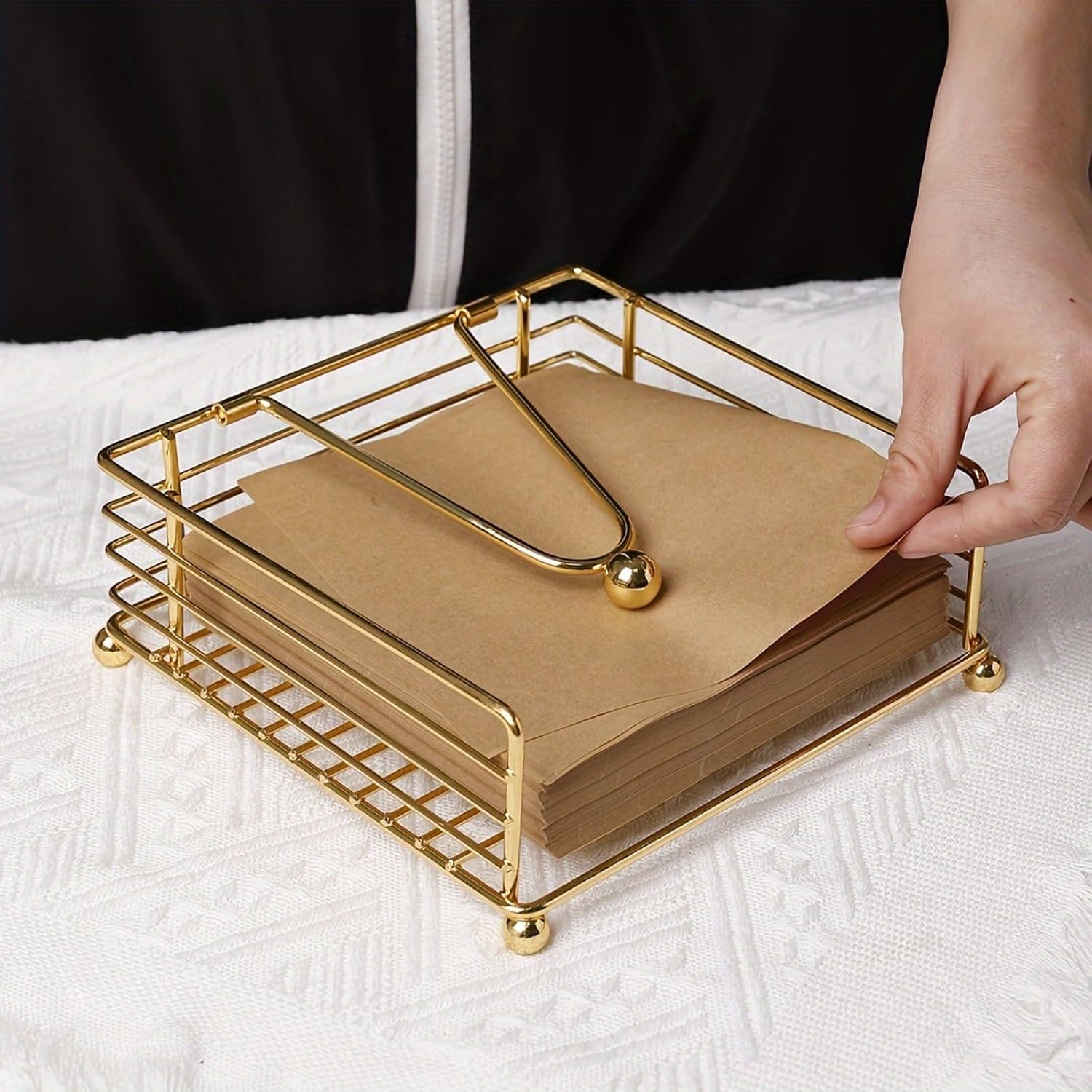 Modern Gold Square Metal Napkin Holder Weighted Arm for Farmhouse Wedding