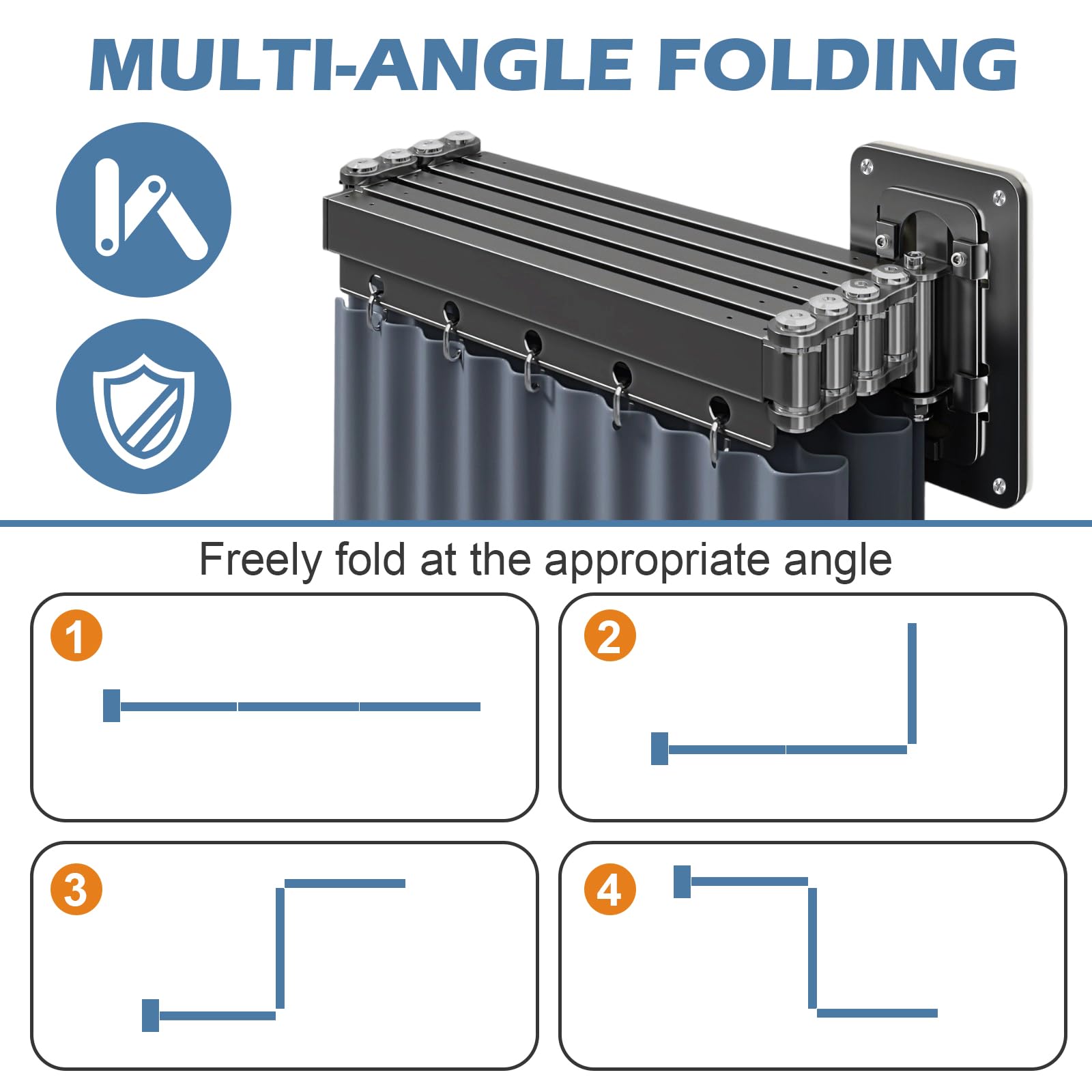 Asta pieghevole per tenda da doccia con tenda (1,5x1,8M), con foratura, asta da parete per tenda da bagno, regolabile, impermeabile, forma L/U a scala, forma dritta (asta da 154 cm, blu a 5 pieghe)