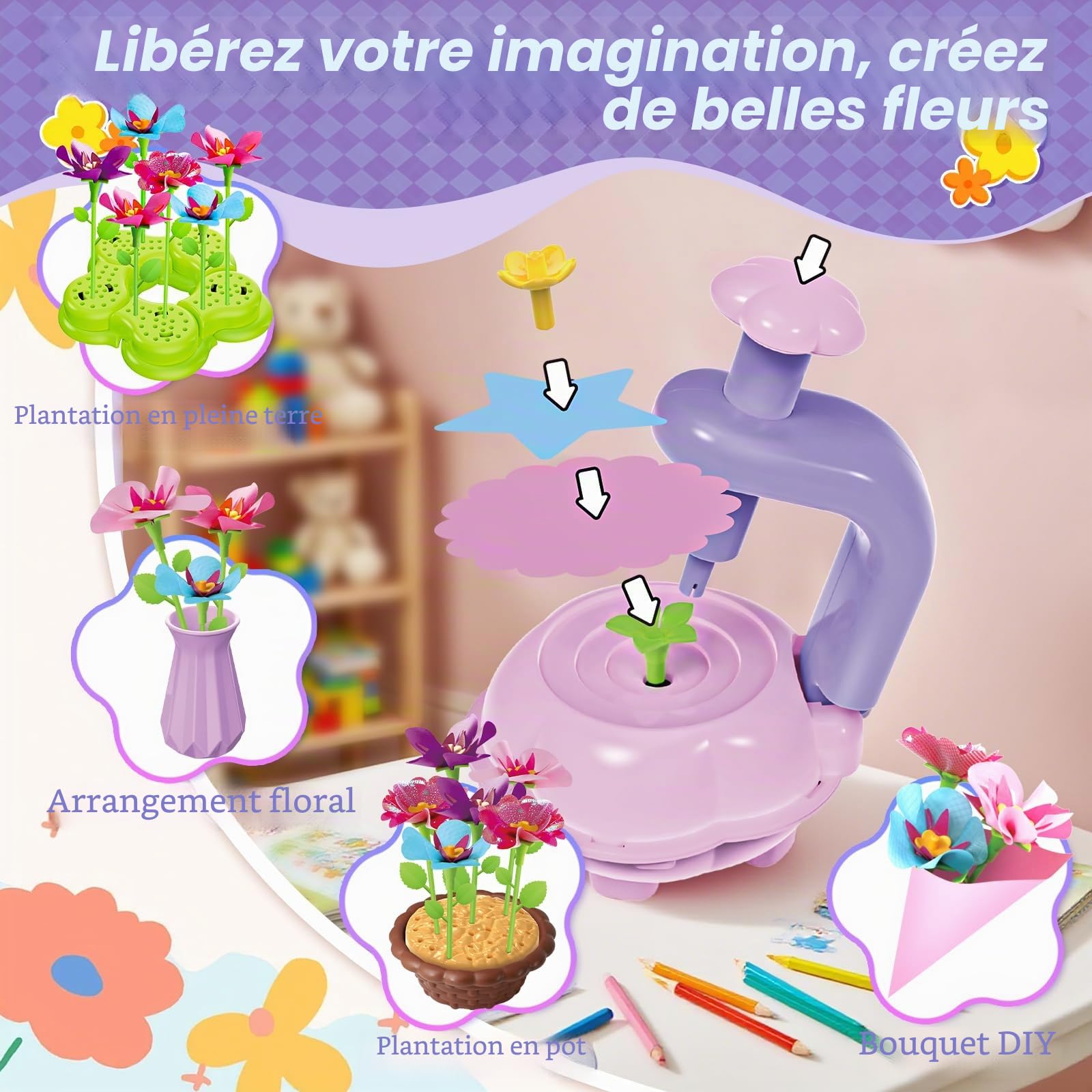 Kssvzz Activité Manuelle Fille, Jouet Enfant 4-10 Ans, Création Bouquet de Fleurs avec Machine à Fleurs, DIY Cadeau Bricolage 3 Ans+