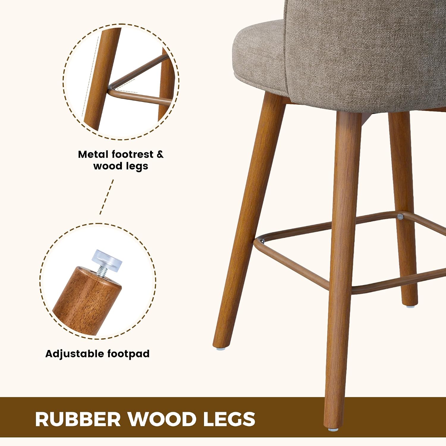 Modern Swivel Bar Stools Set of 3, Chic Upholstered Counter Height(26IN) Bar Chair with Back, Solid Wood Legs and Footrest, Comfortable Chenille Bar Stool for Kitchen Island, Oatmeal