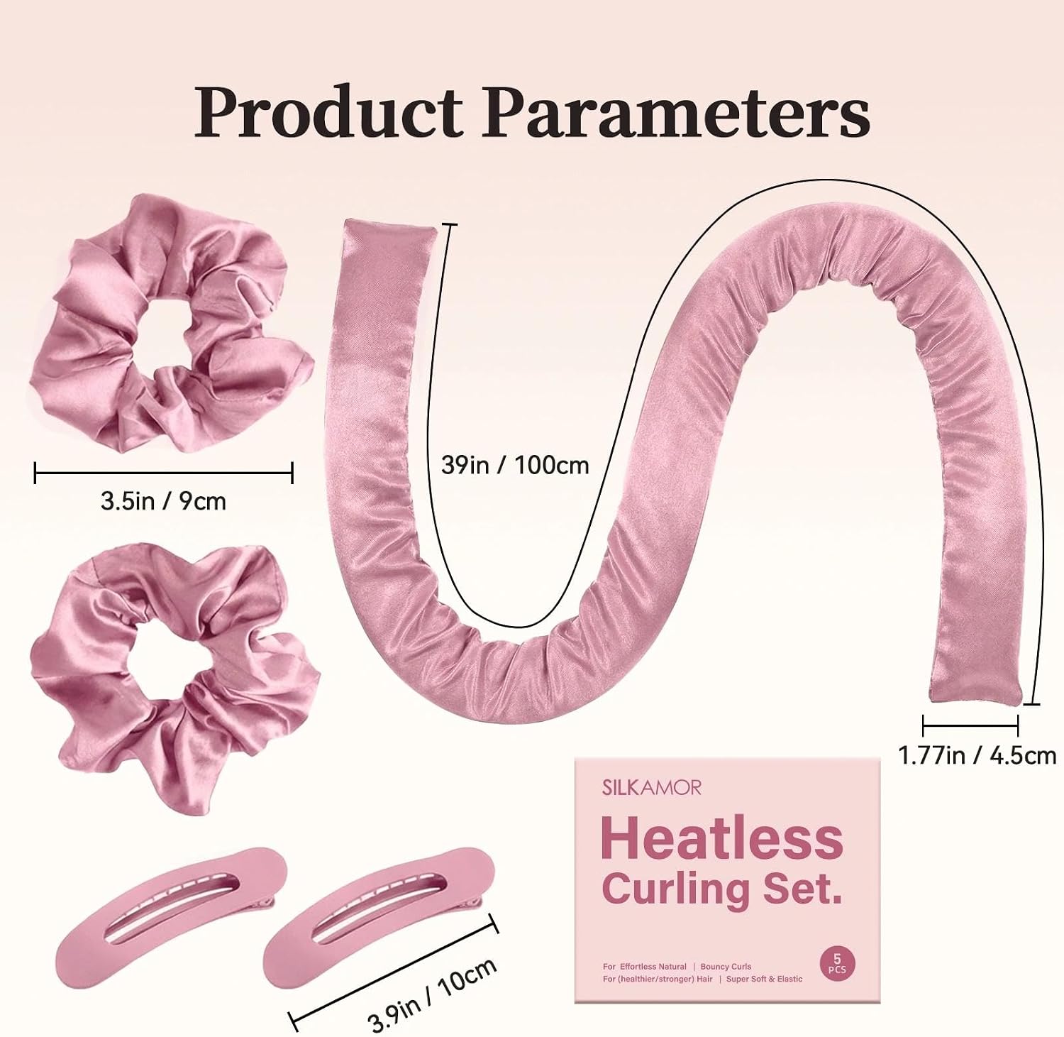 Heatless Curlers SilkAmor Jumbo Satin Curling Rod Set, Extra Large Pink Heatless Curler for Long Hair, Comfortable Overnight Curls Band for Volume Waves, 5 Piece Kit With Hair Ties Clips - 5