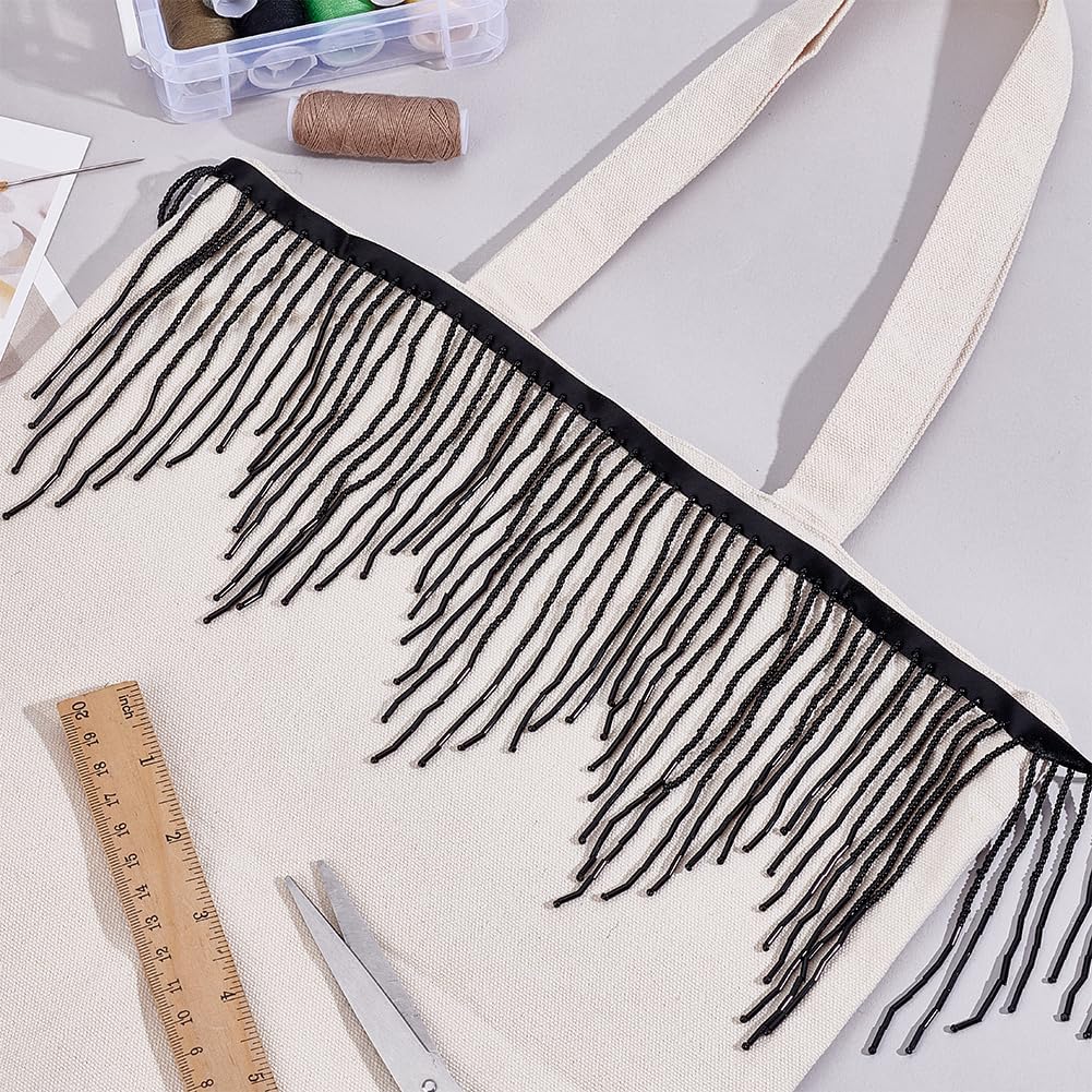 PH PandaHall 1 Yard Black Beads Fringe Trim Bead Belt Glass Beaded Fringe Trim Tassel Chain Crystal Teardrop Ribbon for Sewing Clothing Curtain Decoration DIY Accessories, 14cm Wide