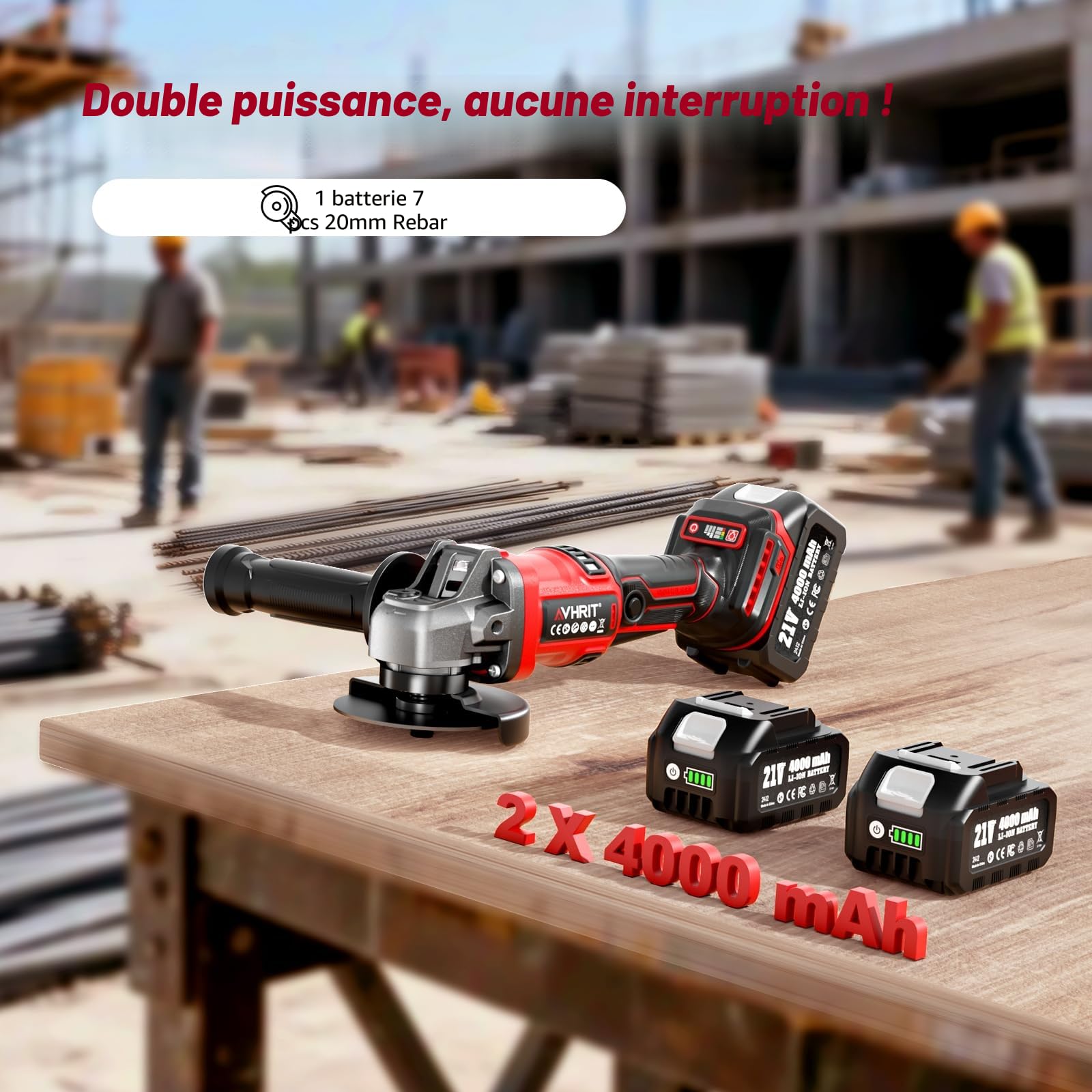 Meuleuse d'angle sans fil, meuleuse d'angle sans fil avec 2 batteries de 4000 mAH, écran LED, moteur sans balais pour le meulage des métaux et l'élimination de la rouille
