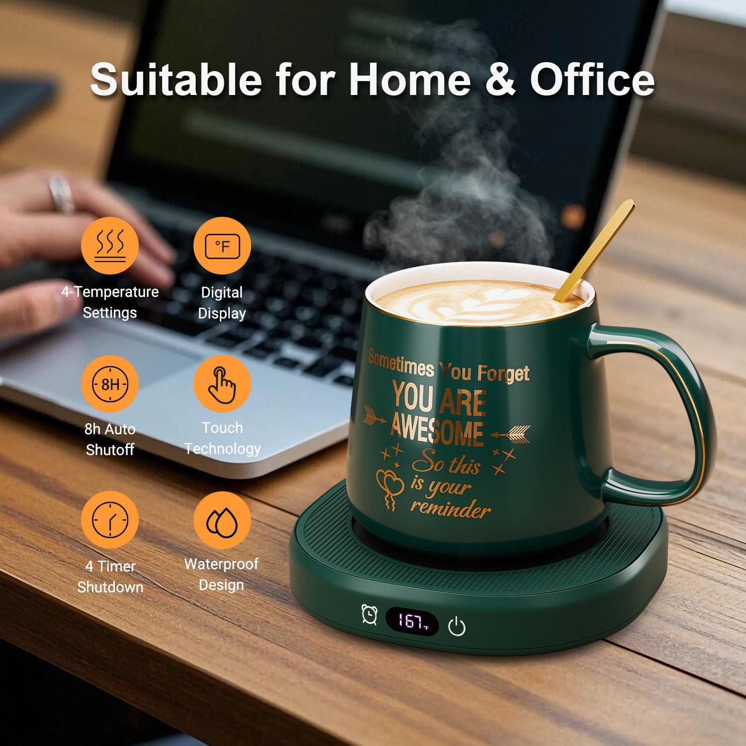 Coffee Mug Warmer & You are Awesome Mug Set, Electric Cup Warmer with Auto Shut Off, 4 Temperature Setting Smart Beverage Warmer, 8-Hours Auto Shut Off - Image 2