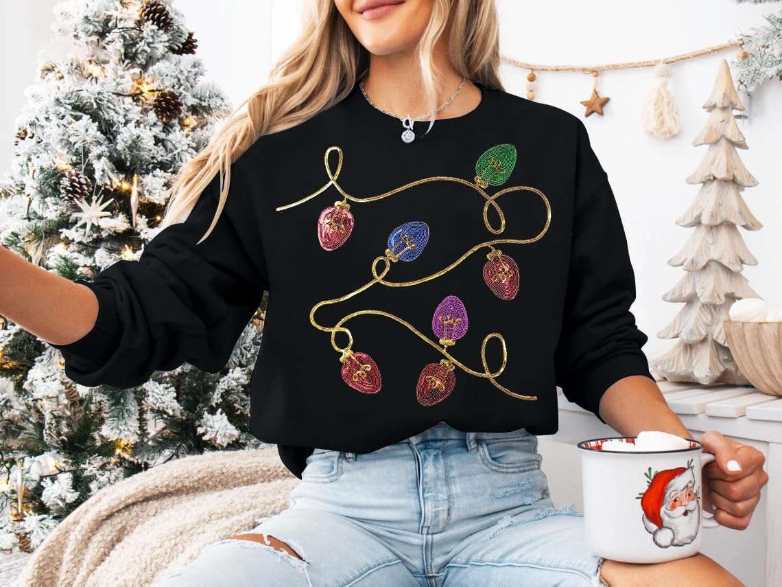 BANGELY Christmas Sequin Sweatshirt Women Christmas Light Sweatshirts Xmas Long Sleeve Shirts Holiday Crewneck Pullover Tops - Image 7