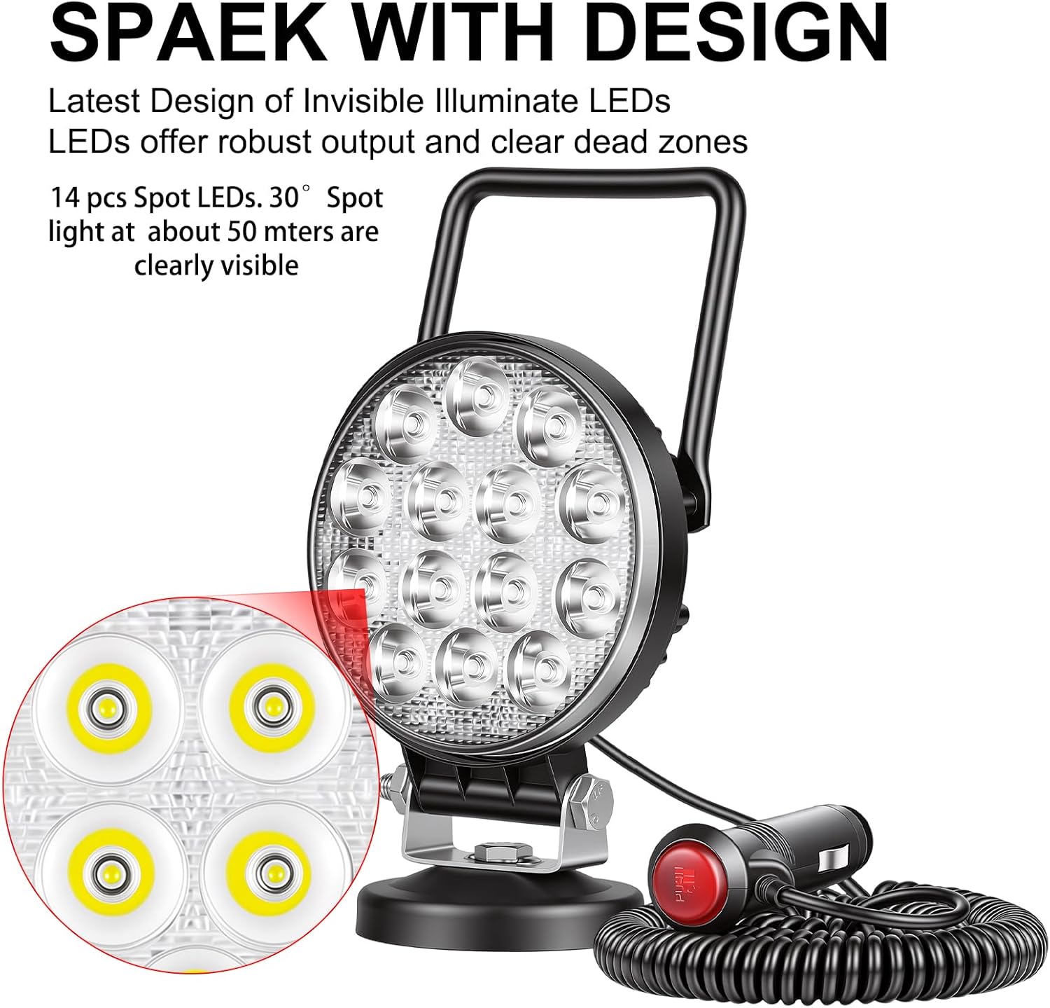 Magnetic Led Work Light 12V, SKYWORLD 1PCS 4 Inch 42W Round Spot Off Road Driving Fog Lamp, Portable Magnetic Base Holder for Car SUV Trailer Tractor Truck Engineering Maintenance Garage Camping