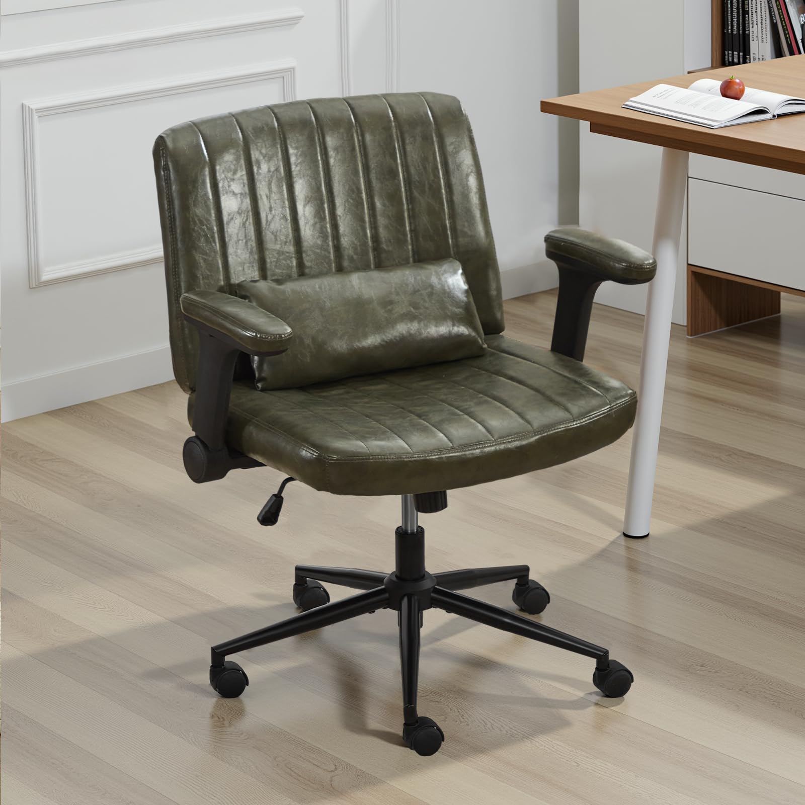 SITURAY Criss Cross Legged Chair with Flip-Up Arms, Comfy Rolling Office Desk Chair with Wheels, Wide Swivel Height Adjustable Mid Back Computer Task Vanity Chair (Pu Leather Green)